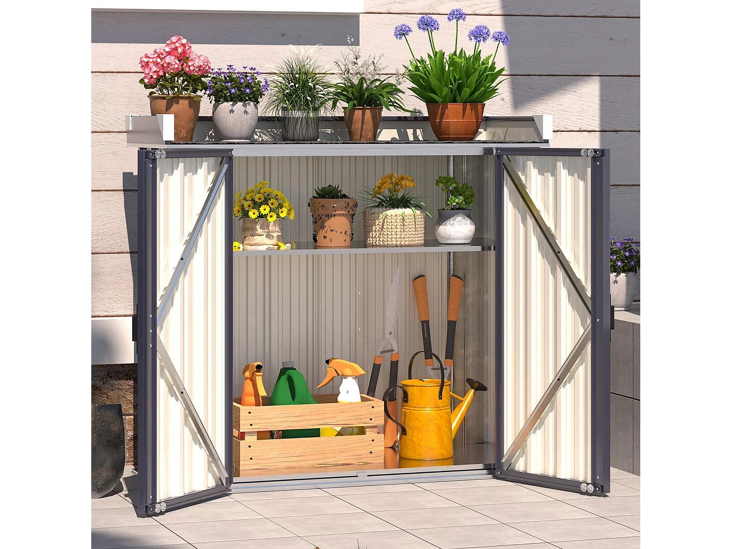 YODOLLA Armoire de Jardin 97x34x85 cm, en métal galvanisé étanche, avec plan de travail et étagère réglable 5 positions, pour jardin & balcon, Gris