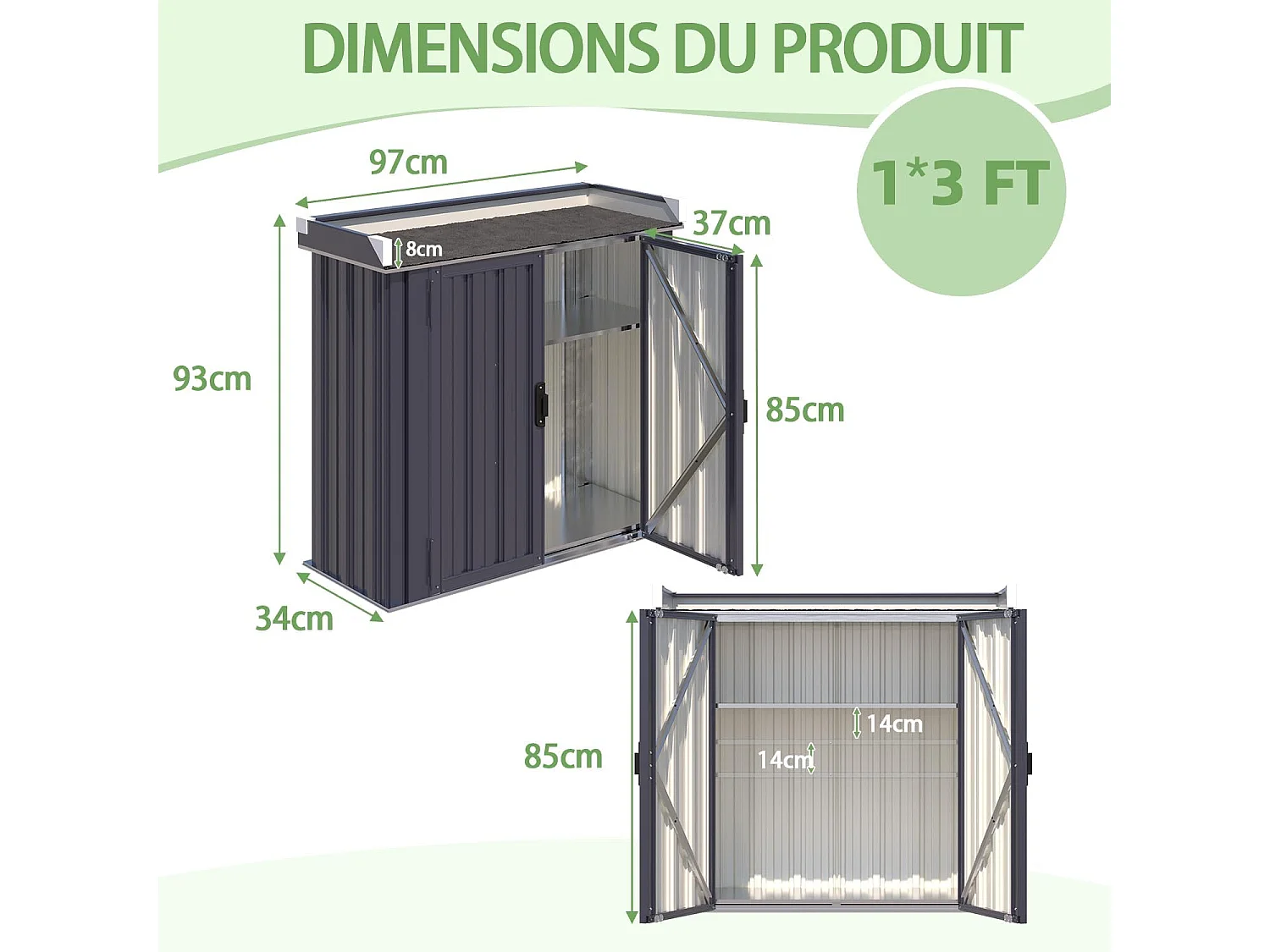 YODOLLA Armoire de Jardin 97x34x85 cm, en métal galvanisé étanche, avec plan de travail et étagère réglable 5 positions, pour jardin & balcon, Gris