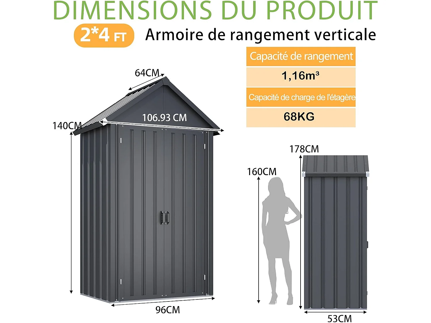 YODOLLA Abri de Jardin en Métal, Avec Socle et Serrure Verrouillable, 4 Étagères Réglables, Deux Portes, Acier Galvanisé, 107 x 53 x 178 cm, Gris Foncé