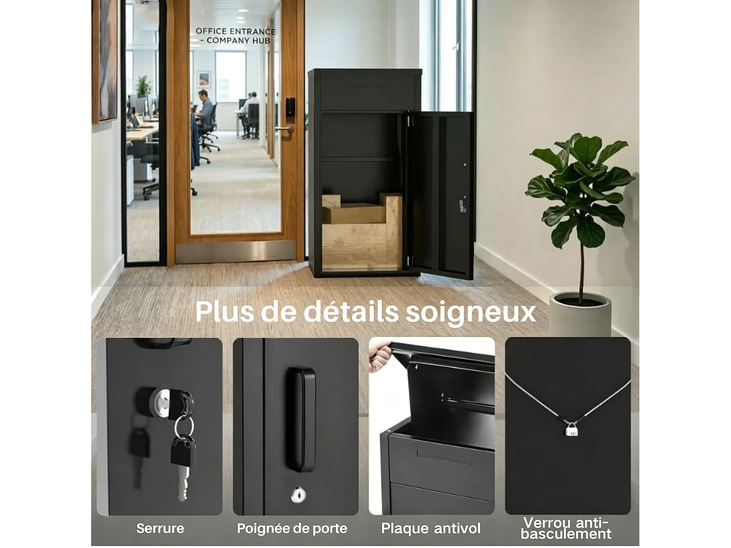 YODOLLA Boîte à colis - avec fente pour le courrier, couvercle rabattable, acier galvanisé antivol, résistante aux intempéries, Noir