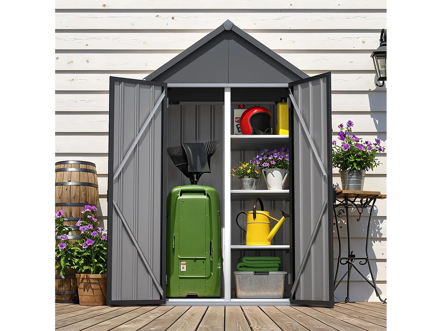 YODOLLA Abri de Jardin Métal - 4 Étagères Réglables, 2 Portes avec Socle et Serrure Verrouillable, Acier Galvanisé - Gris