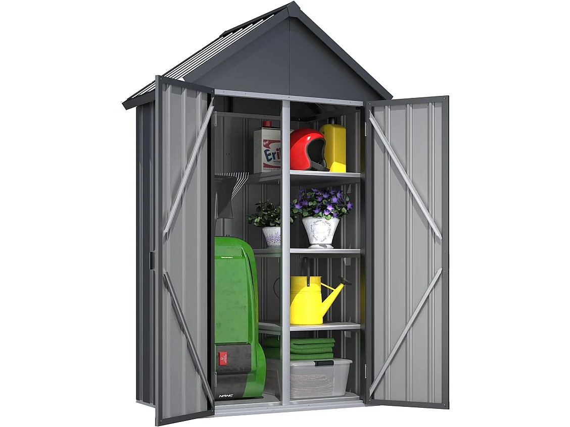 YODOLLA Abri de Jardin Métal - 4 Étagères Réglables, 2 Portes avec Socle et Serrure Verrouillable, Acier Galvanisé - Gris
