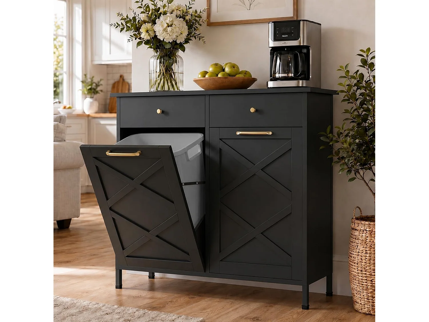 YODOLLA Poubelle Cuisine de cuisine double 100x33x91 cm - plan de travail, 2 tiroirs, acier robuste, gain de place - Noir