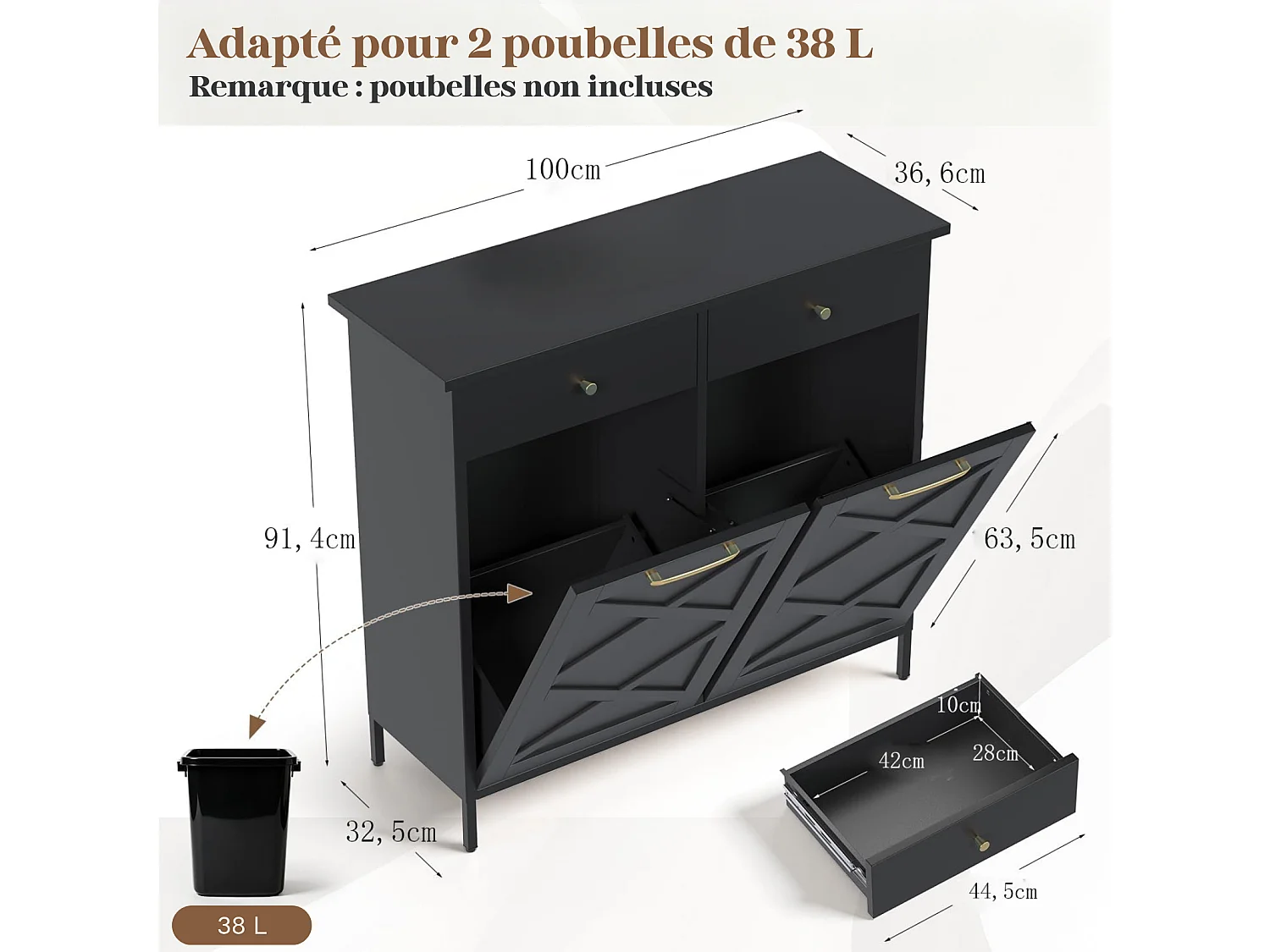 YODOLLA Poubelle Cuisine de cuisine double 100x33x91 cm - plan de travail, 2 tiroirs, acier robuste, gain de place - Noir