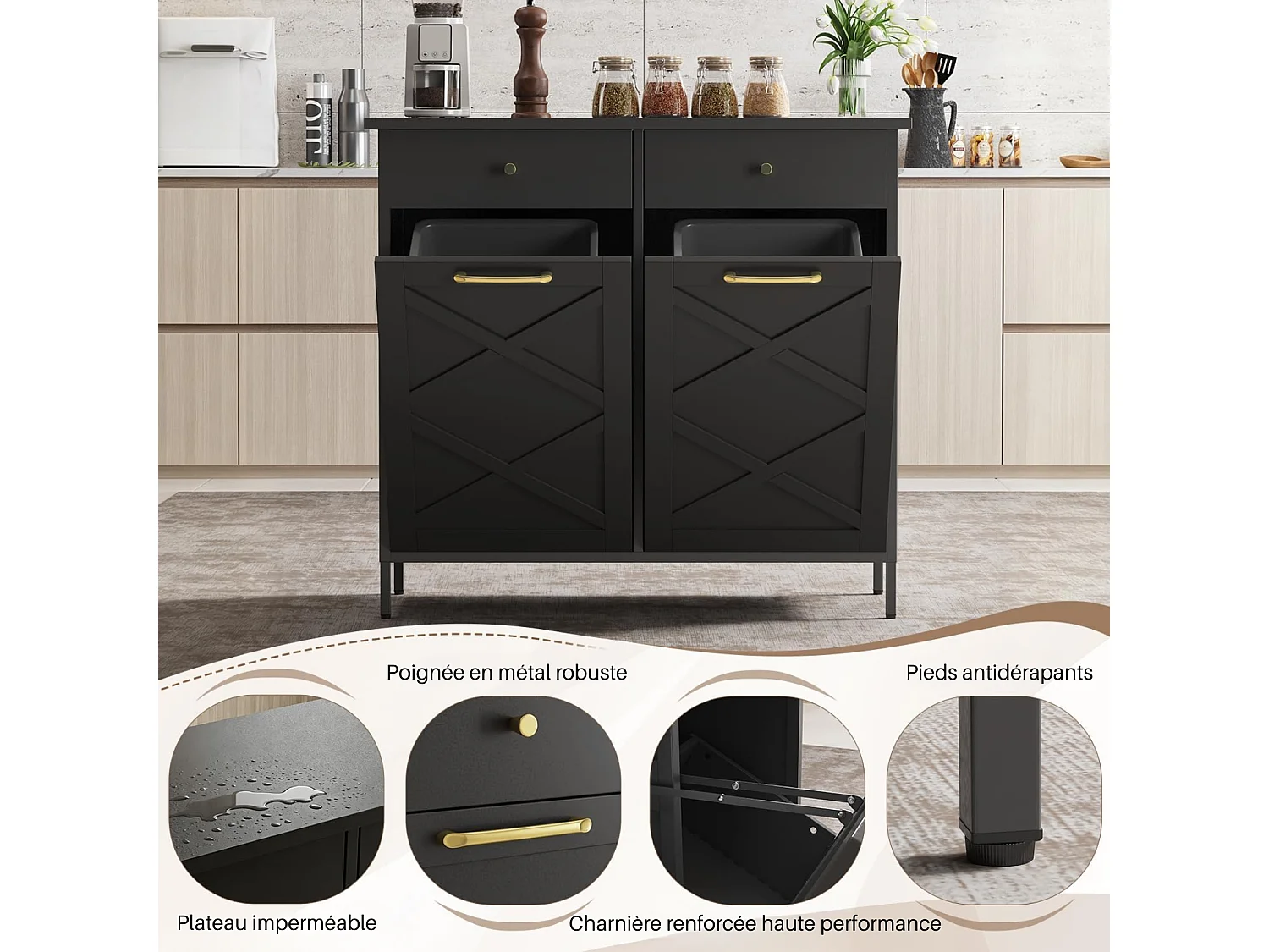 YODOLLA Poubelle Cuisine de cuisine double 100x33x91 cm - plan de travail, 2 tiroirs, acier robuste, gain de place - Noir
