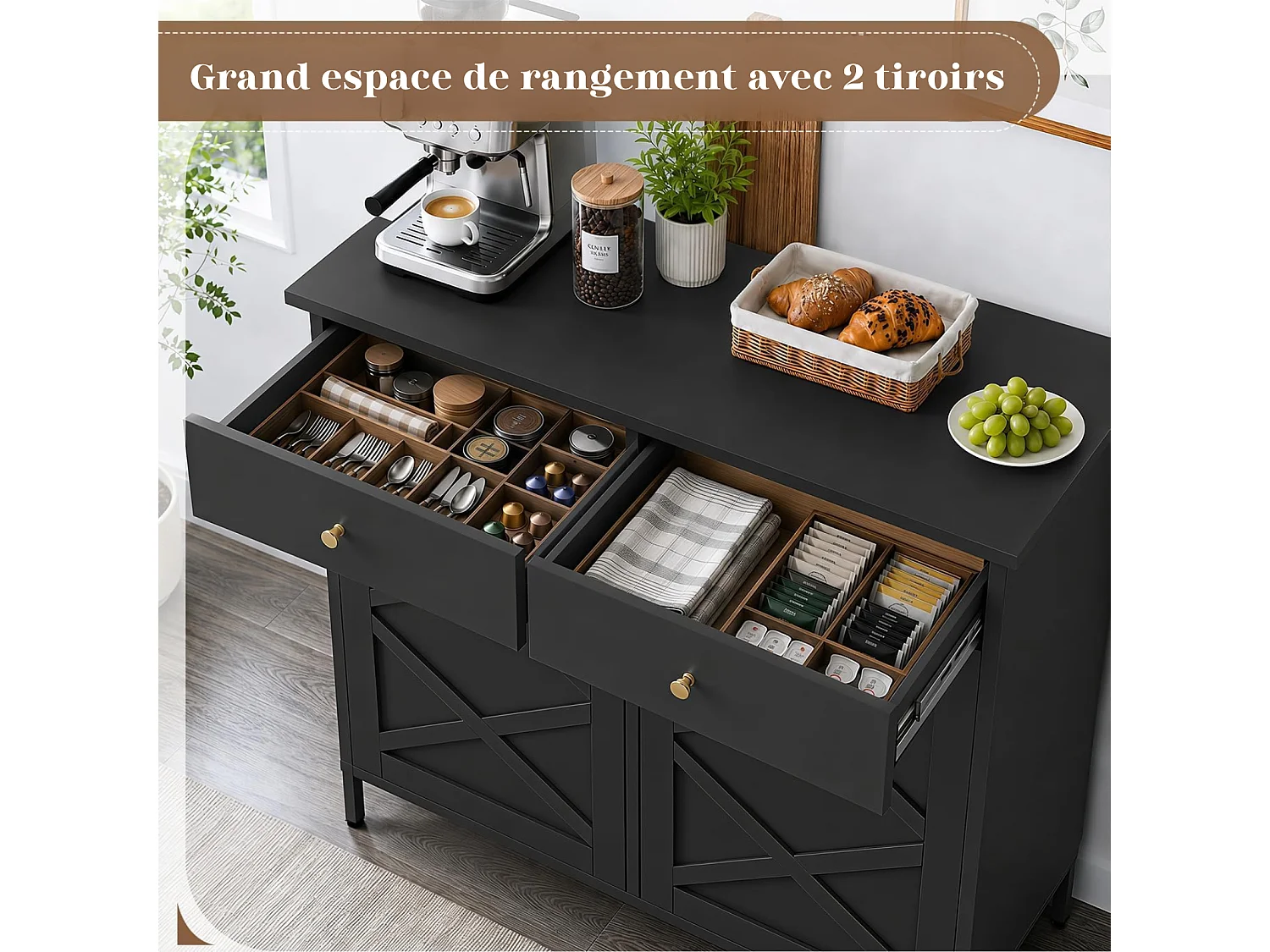 YODOLLA Poubelle Cuisine de cuisine double 100x33x91 cm - plan de travail, 2 tiroirs, acier robuste, gain de place - Noir