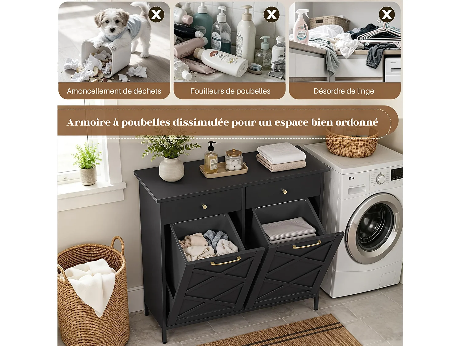 YODOLLA Poubelle Cuisine de cuisine double 100x33x91 cm - plan de travail, 2 tiroirs, acier robuste, gain de place - Noir