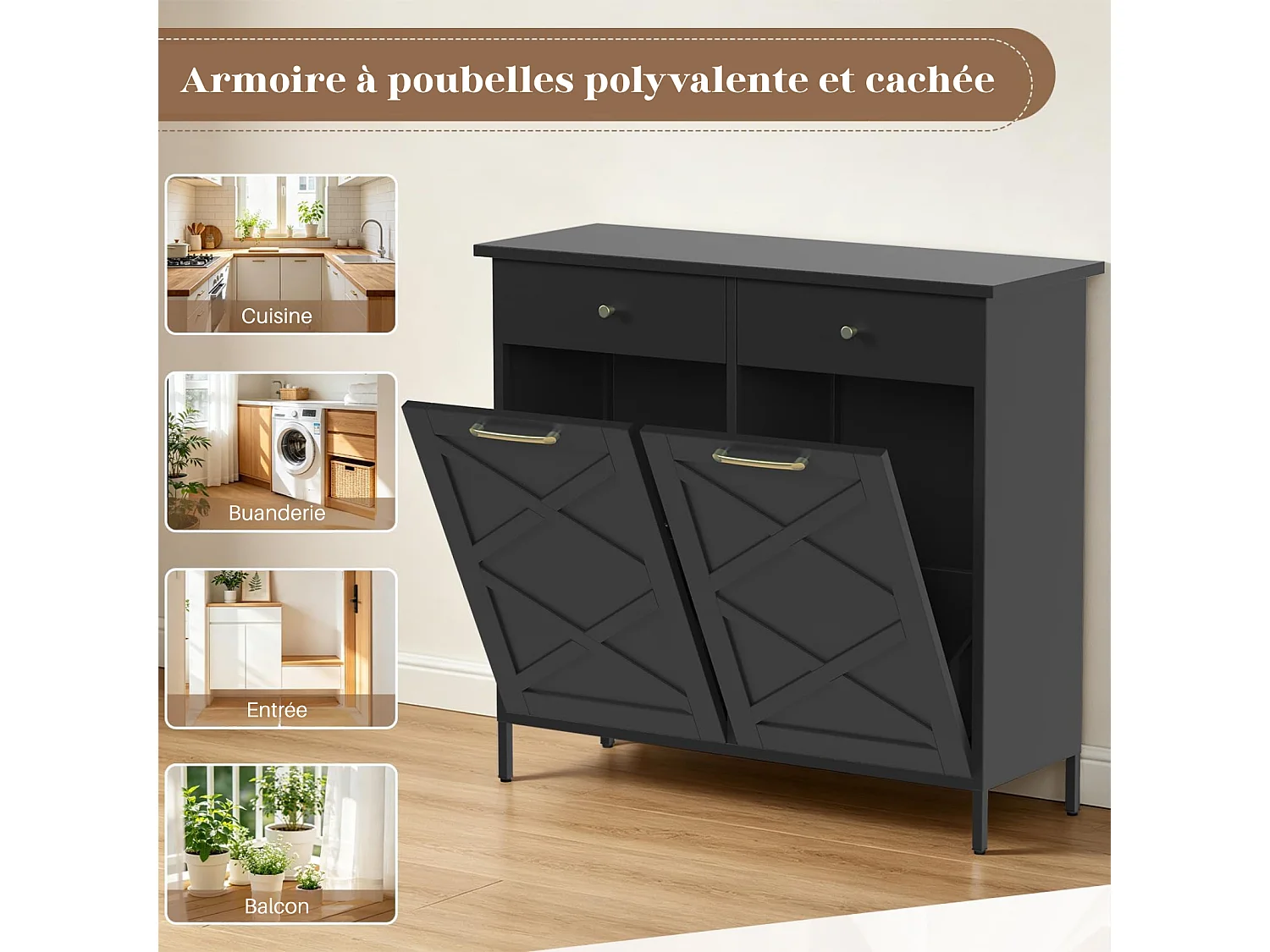 YODOLLA Poubelle Cuisine de cuisine double 100x33x91 cm - plan de travail, 2 tiroirs, acier robuste, gain de place - Noir