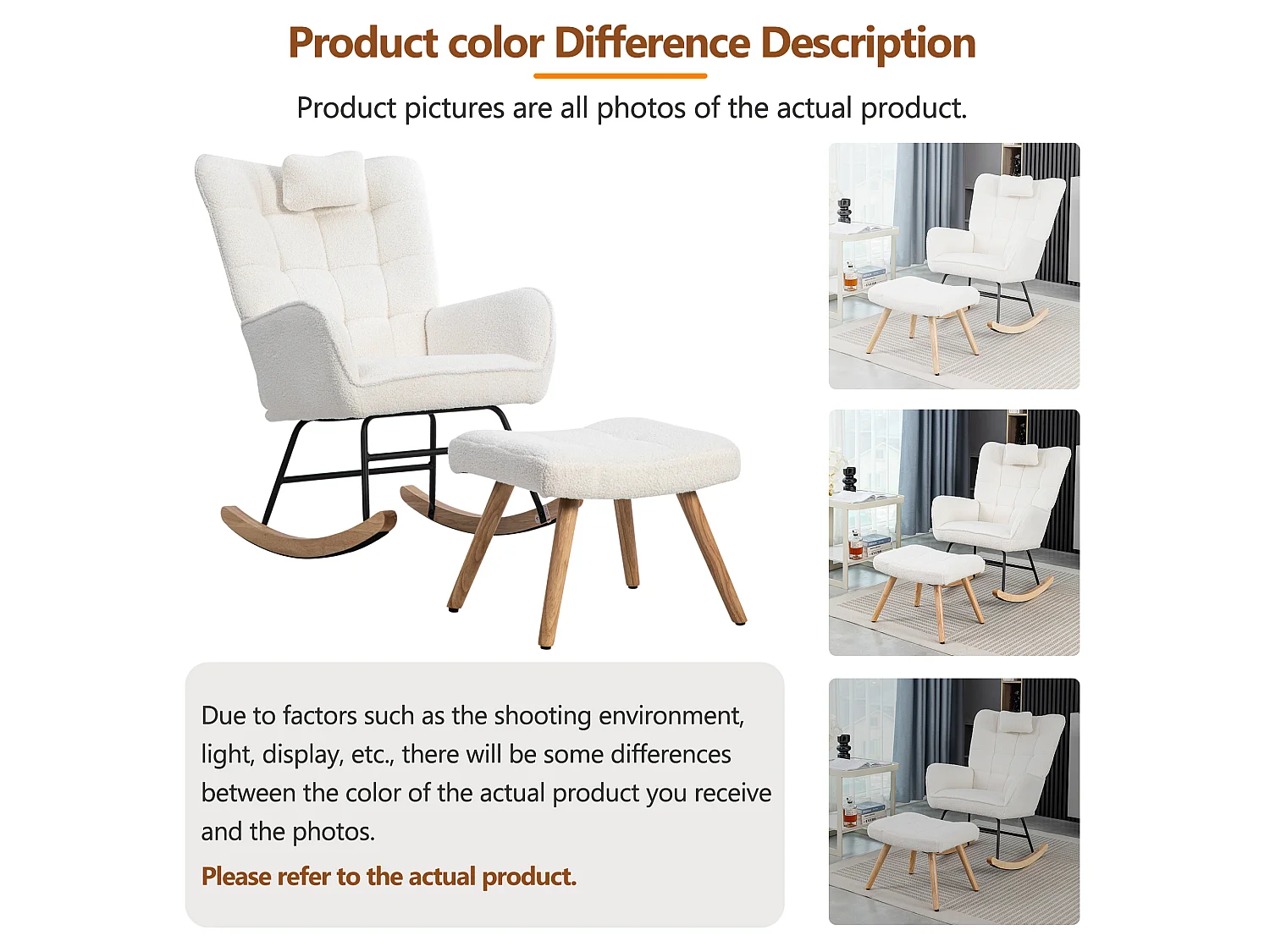 Fauteuil à bascule blanc bouclé, avec repose-pieds et coussin tête, design scandinave, 92 cm