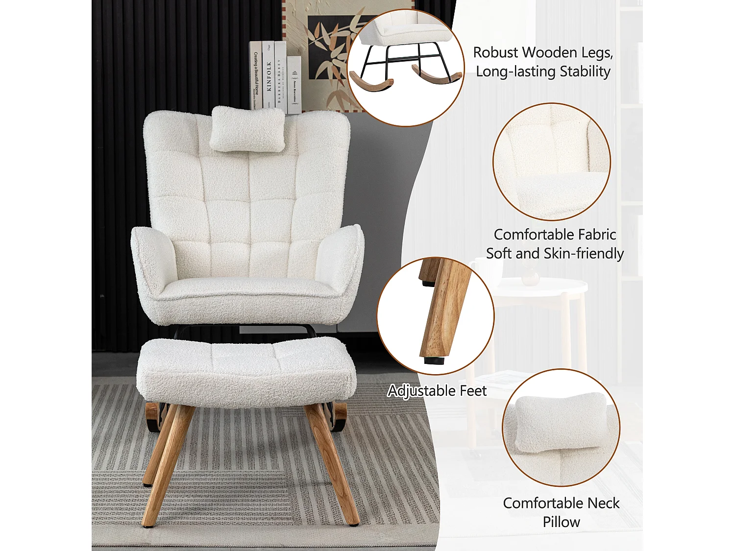Fauteuil à bascule blanc bouclé, avec repose-pieds et coussin tête, design scandinave, 92 cm