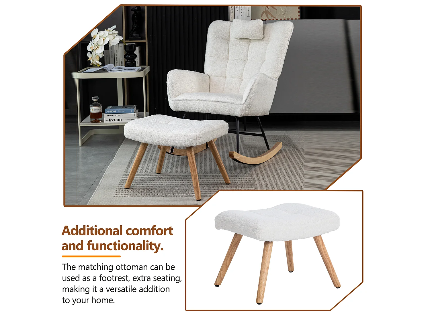 Fauteuil à bascule blanc bouclé, avec repose-pieds et coussin tête, design scandinave, 92 cm