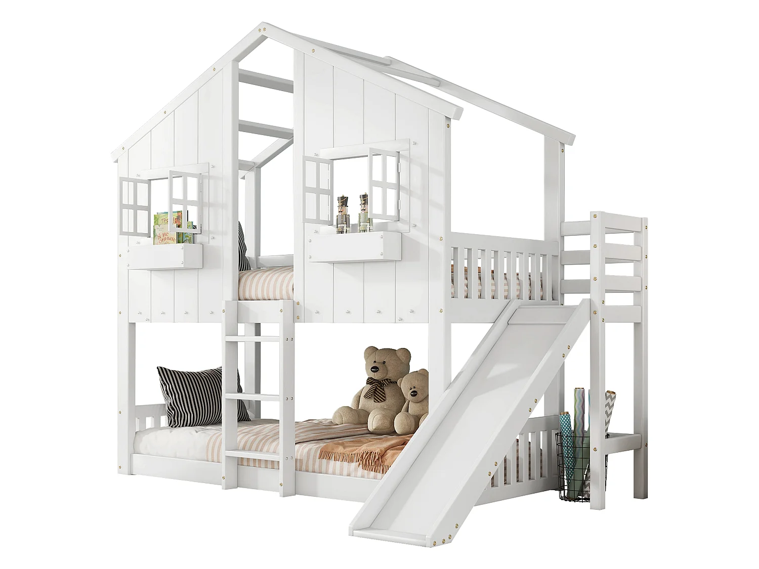 Lit cabane blanc 90x200, toboggan, toit et fenêtres, grille antichute, échelle 3 marches