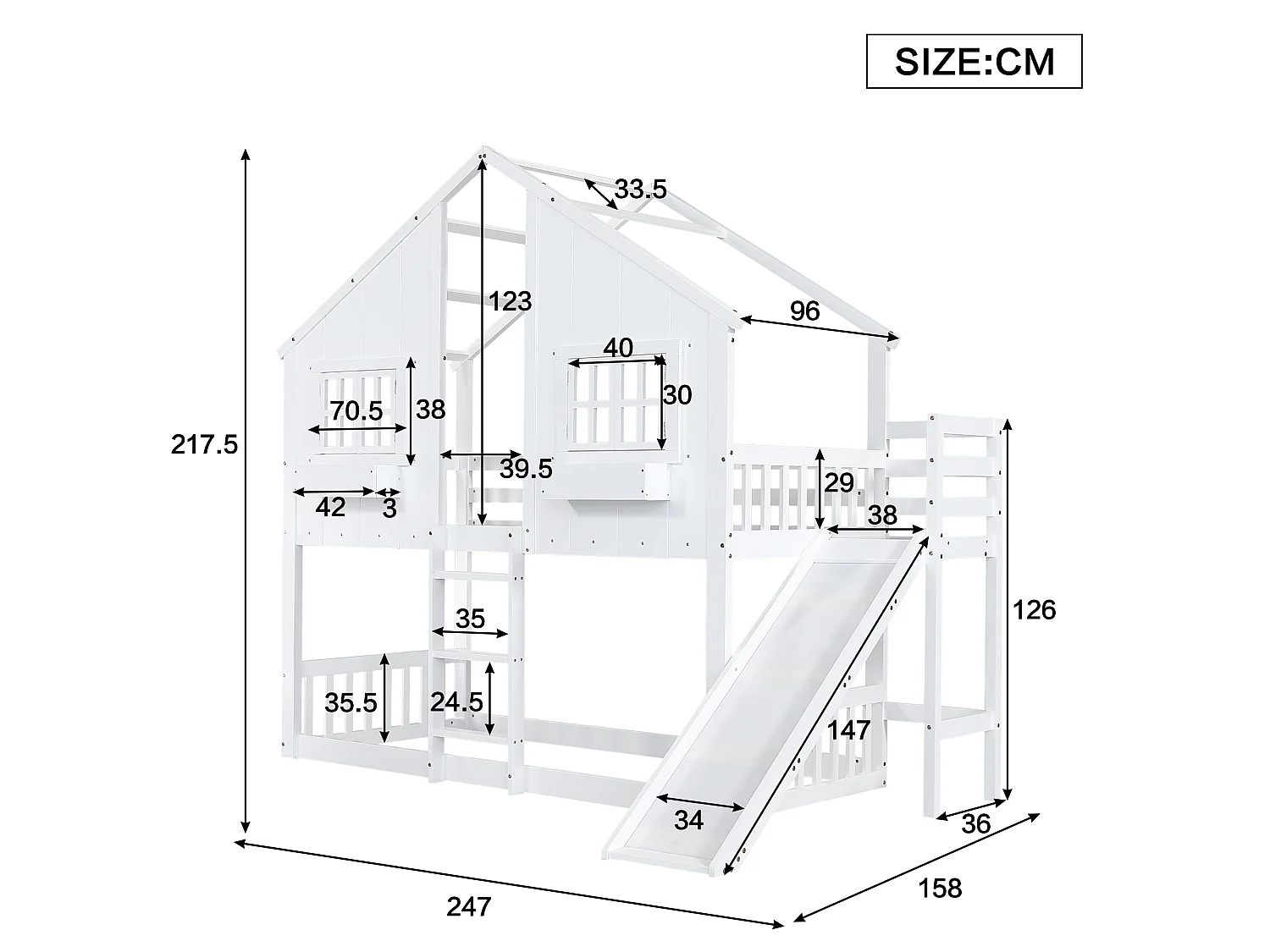 Lit cabane blanc 90x200, toboggan, toit et fenêtres, grille antichute, échelle 3 marches