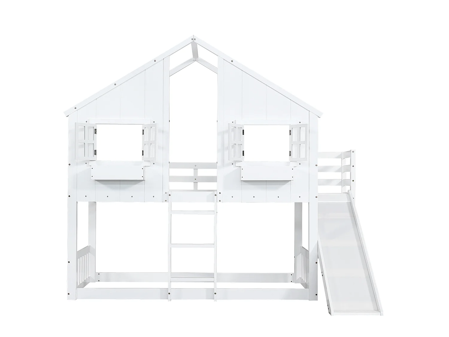 Lit cabane blanc 90x200, toboggan, toit et fenêtres, grille antichute, échelle 3 marches