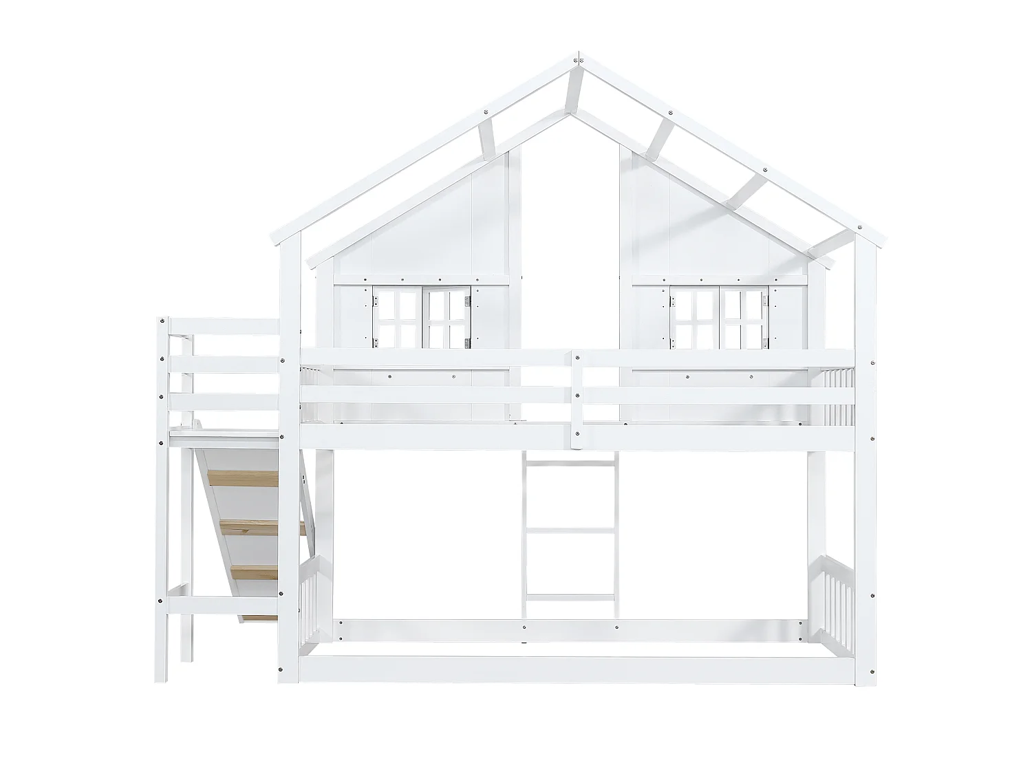 Lit cabane blanc 90x200, toboggan, toit et fenêtres, grille antichute, échelle 3 marches