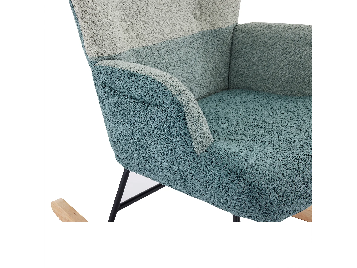 Fauteuil à bascule bouclé, patchwork coloré à rayures, pieds bois, avec repose-pieds, salon