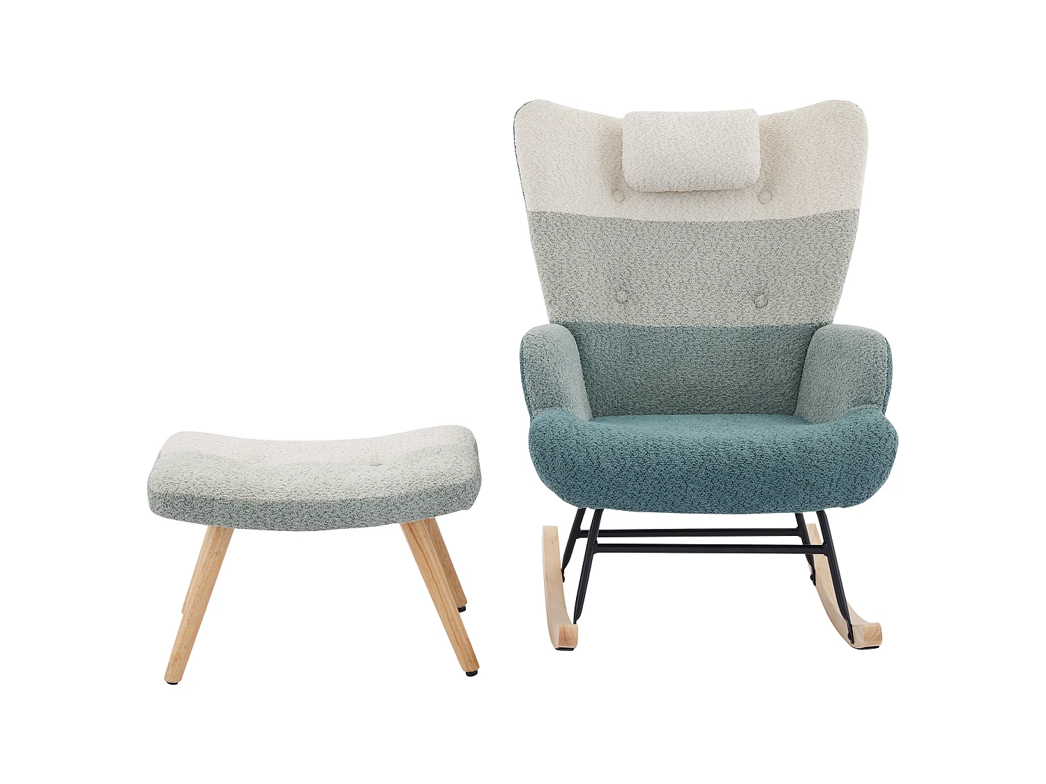 Fauteuil à bascule bouclé, patchwork coloré à rayures, pieds bois, avec repose-pieds, salon