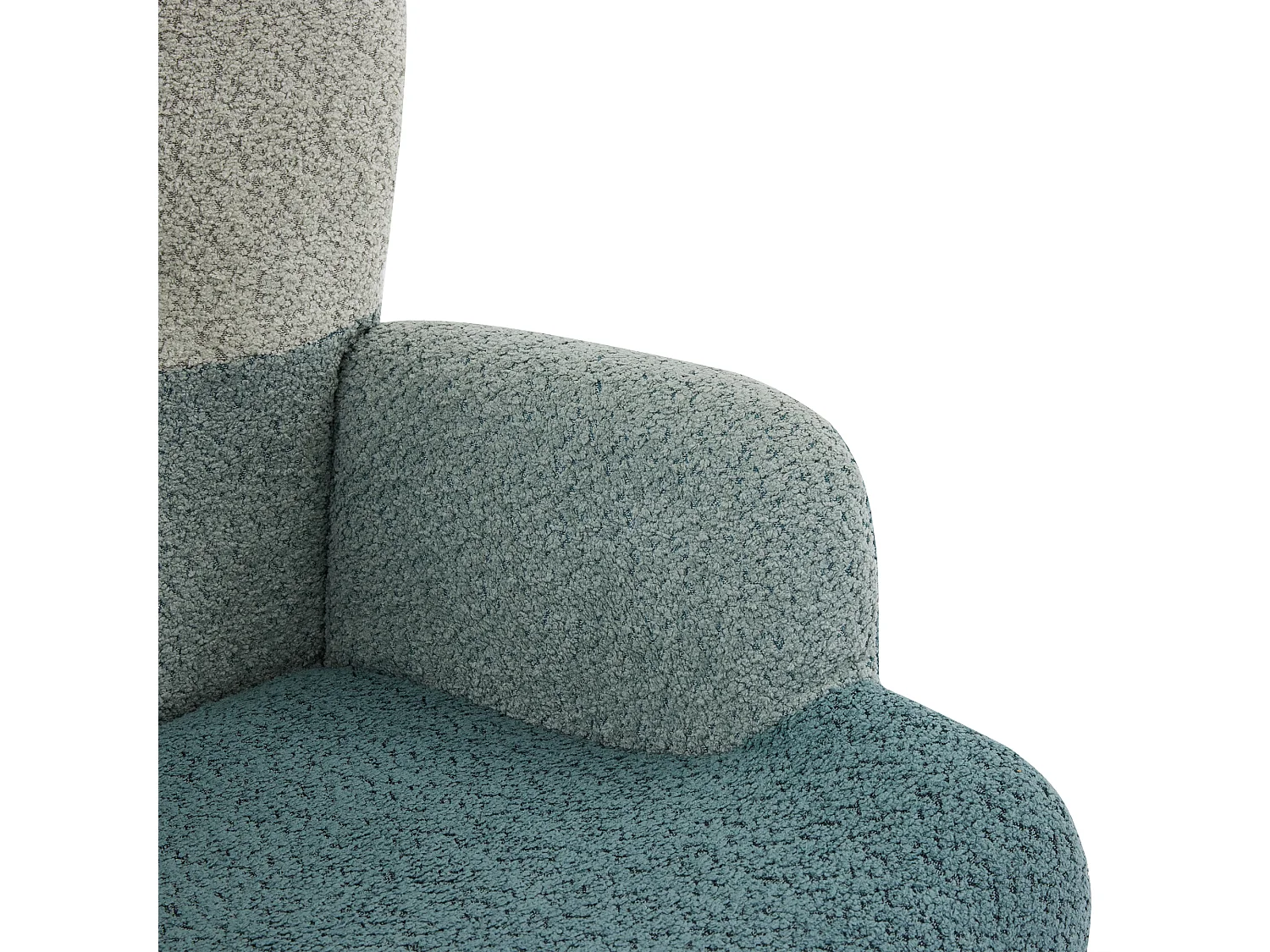 Fauteuil à bascule bouclé, patchwork coloré à rayures, pieds bois, avec repose-pieds, salon