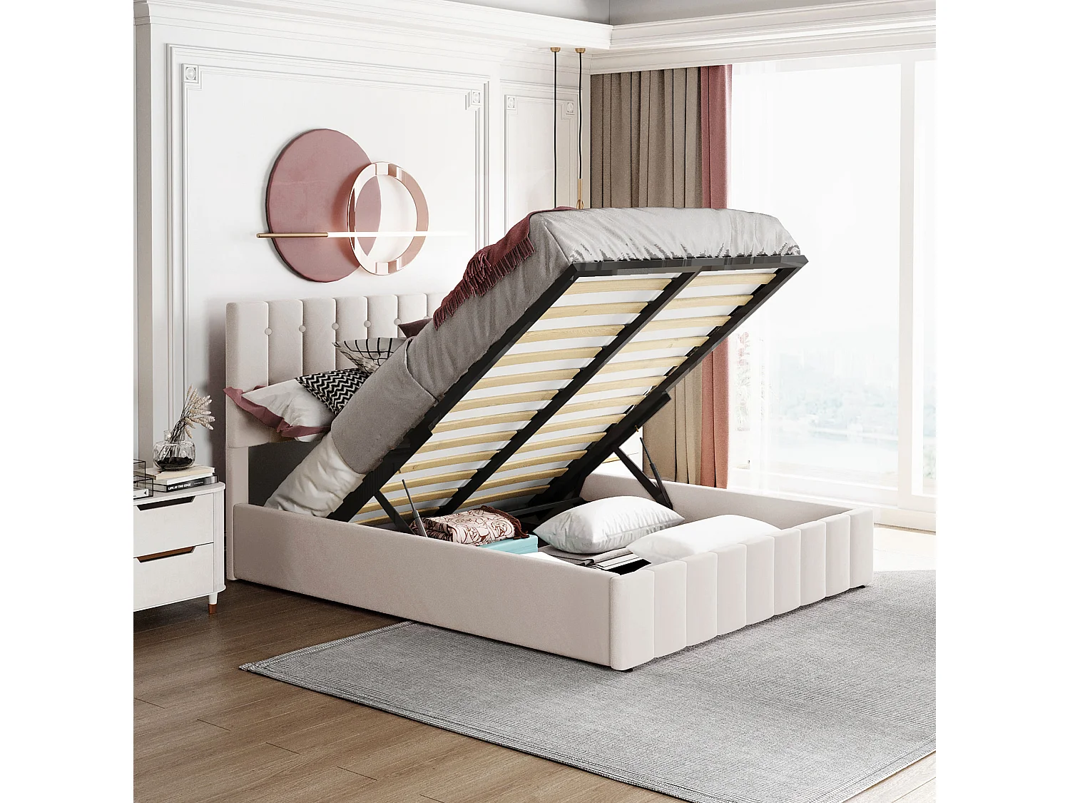 Lit double velours 140x200, tête réglable, lit coffre hydraulique, rangement sous lit, blanc crème