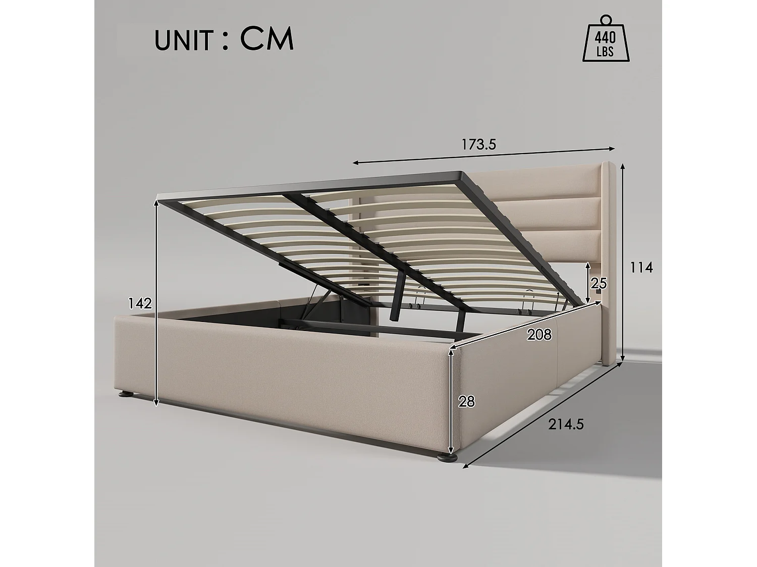 Lit coffre hydraulique 160x200, capitonné, sommier lattes bois, lin, beige