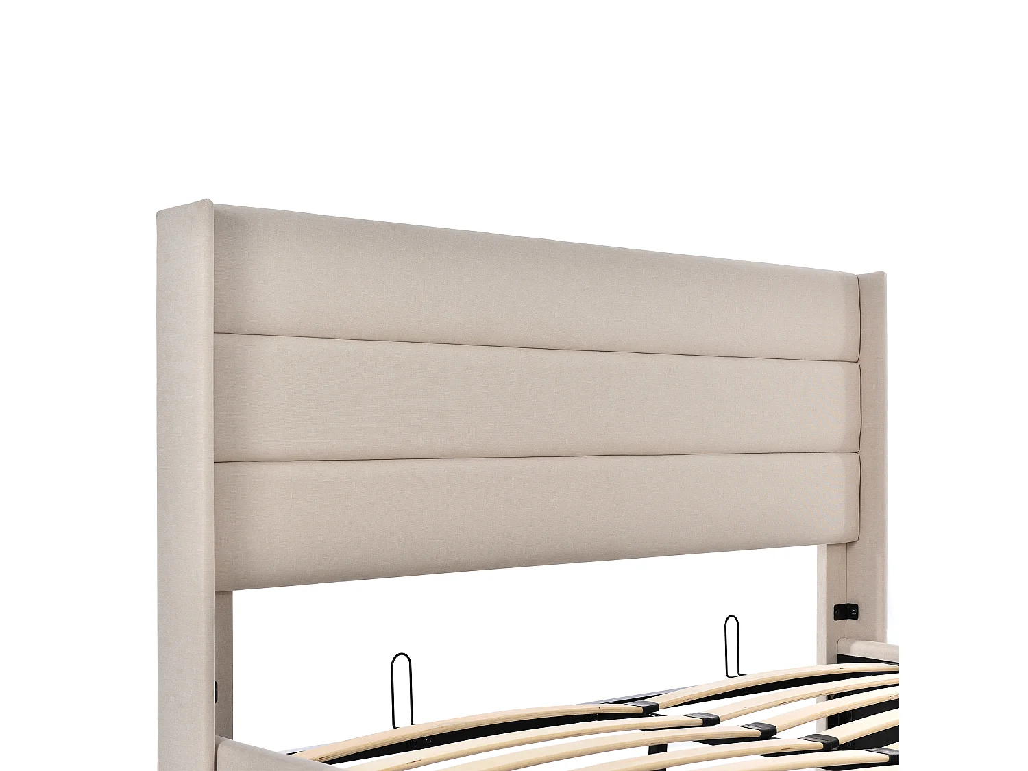 Lit coffre hydraulique 160x200, capitonné, sommier lattes bois, lin, beige