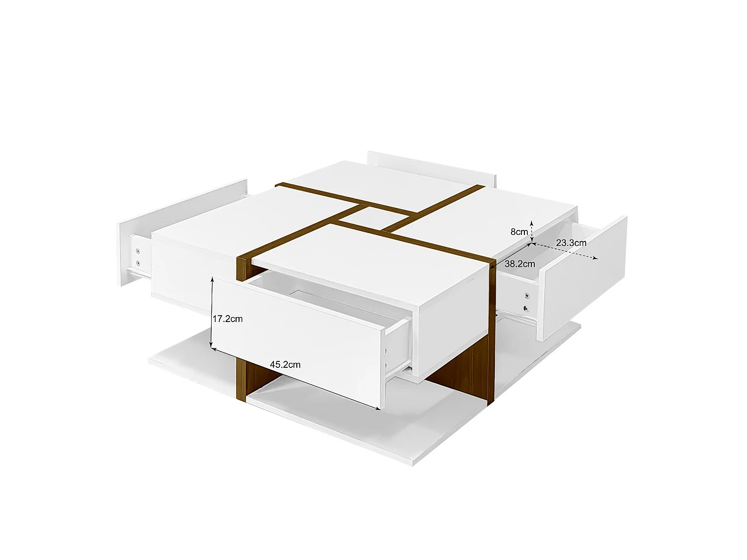 Table basse laquée brillante 78x78, 4 tiroirs, rangement sous plateau, design moderne
