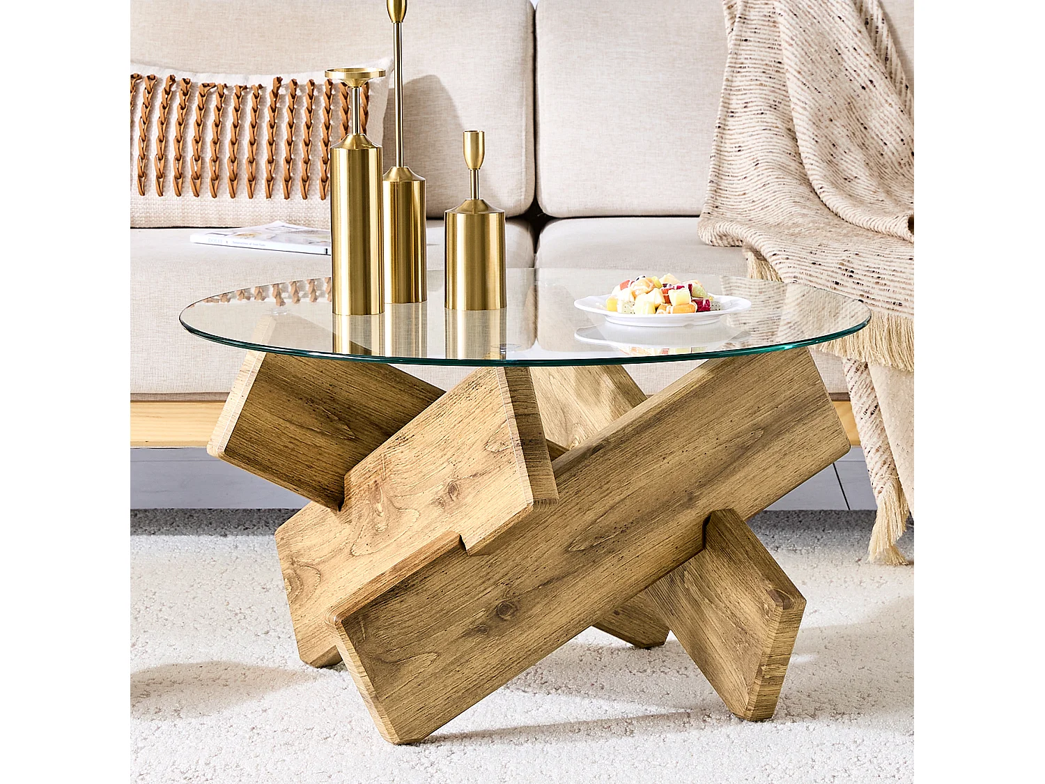 Table basse ronde en verre trempé, structure bois croisée, design géométrique moderne, 79 cm