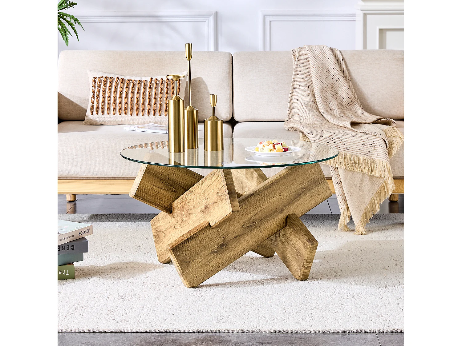 Table basse ronde en verre trempé, structure bois croisée, design géométrique moderne, 79 cm