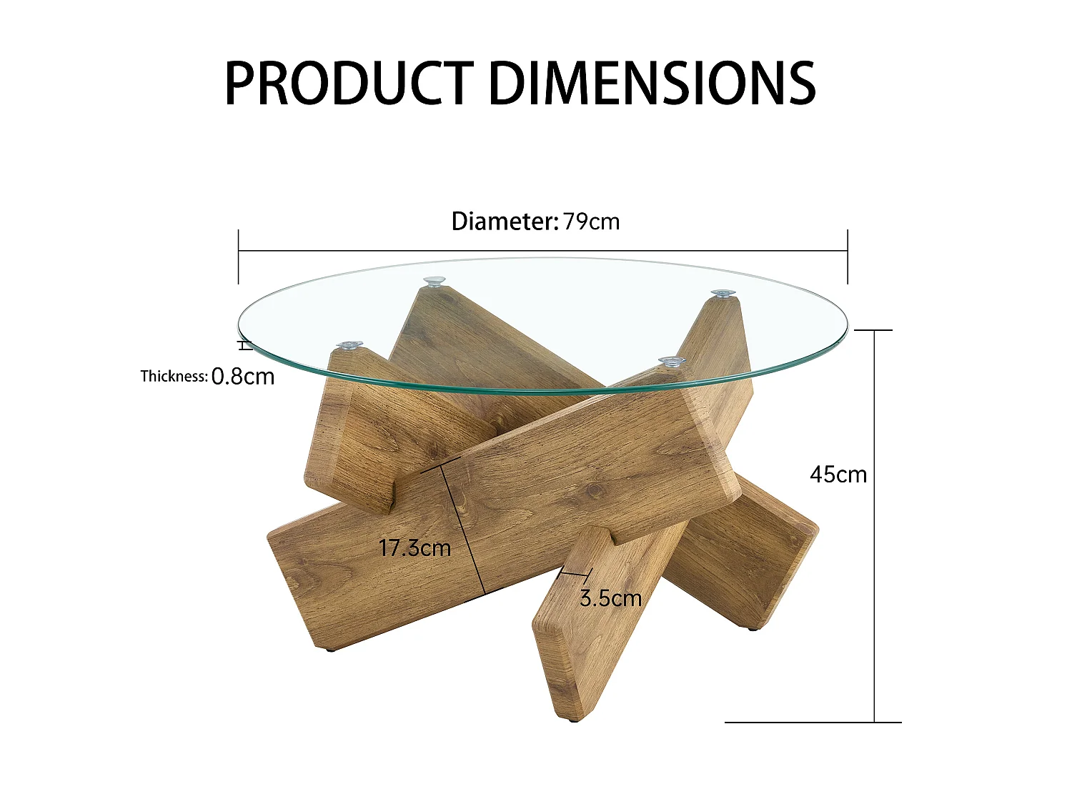 Table basse ronde en verre trempé, structure bois croisée, design géométrique moderne, 79 cm