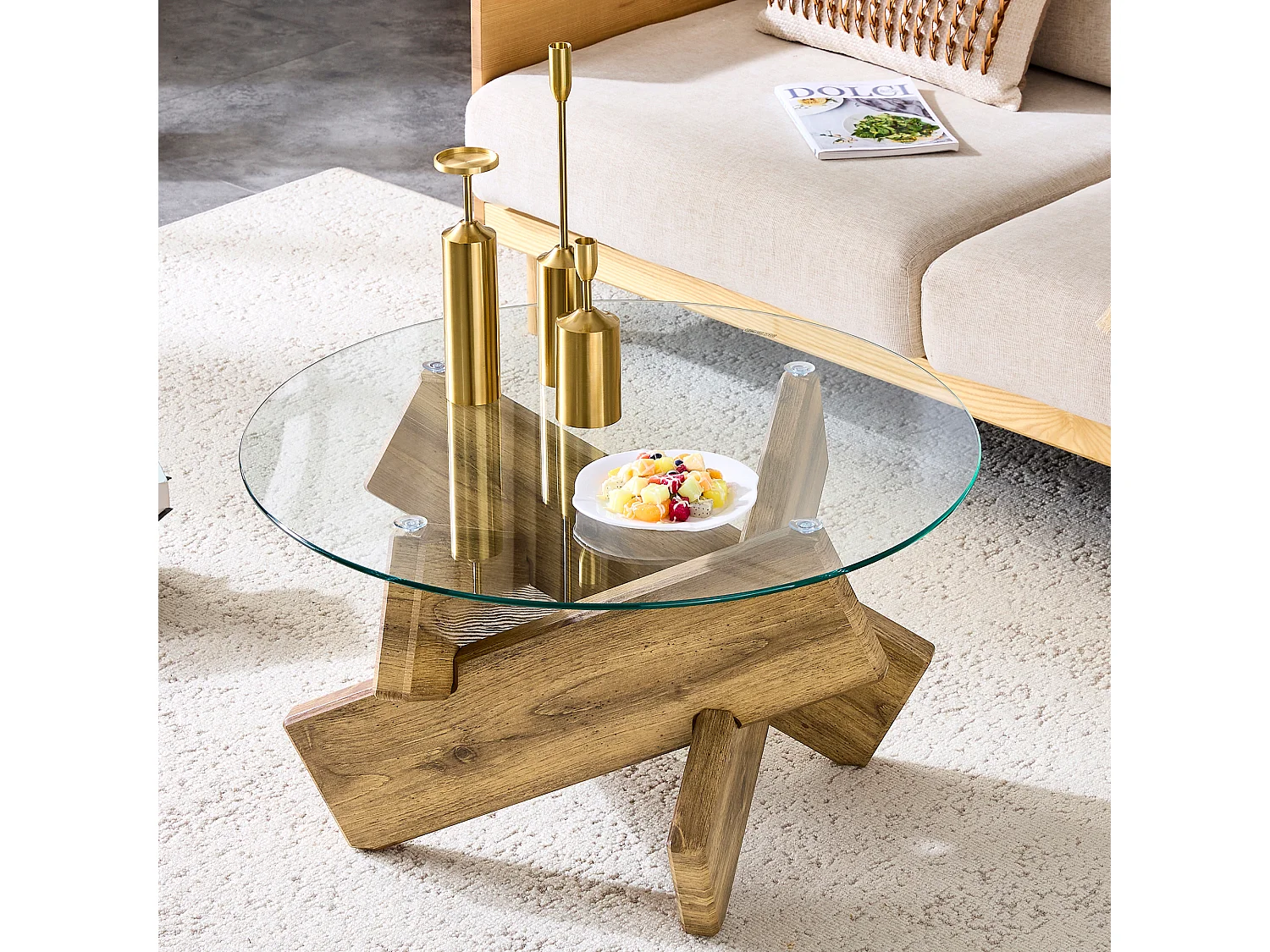 Table basse ronde en verre trempé, structure bois croisée, design géométrique moderne, 79 cm