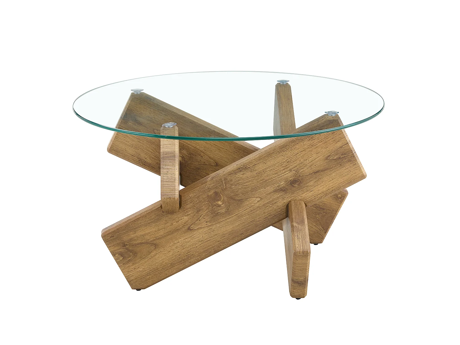 Table basse ronde en verre trempé, structure bois croisée, design géométrique moderne, 79 cm