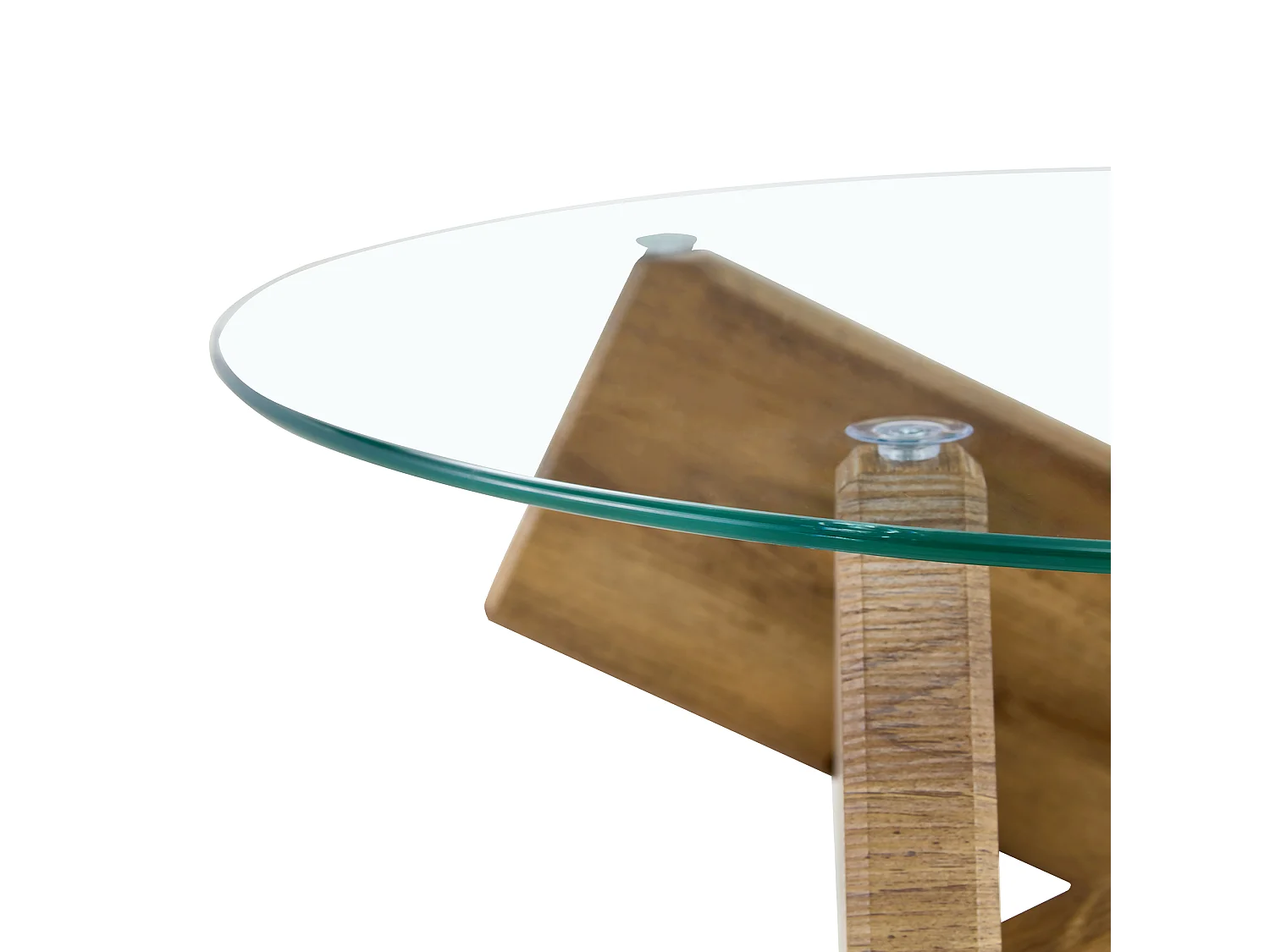 Table basse ronde en verre trempé, structure bois croisée, design géométrique moderne, 79 cm