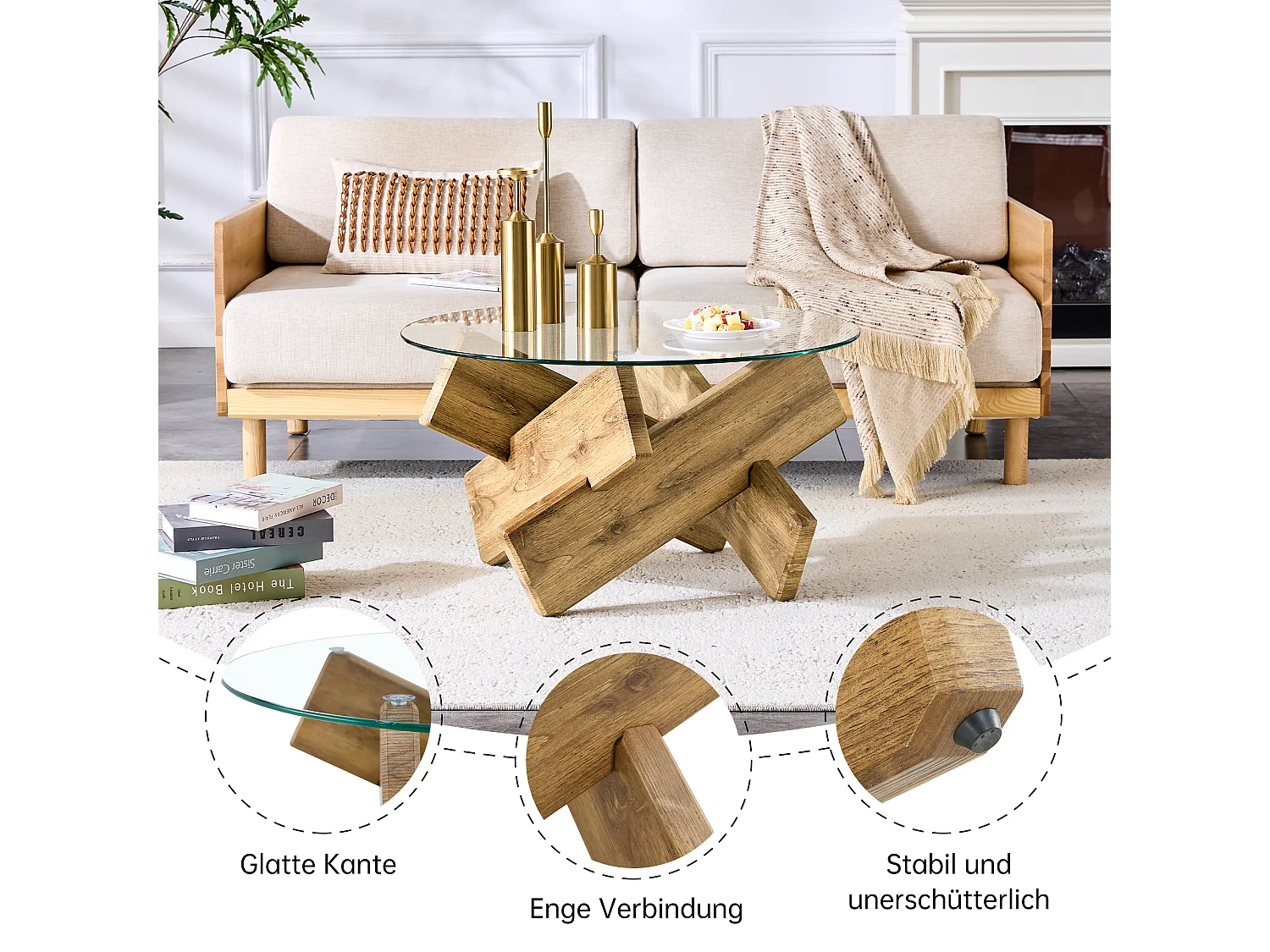 Table basse ronde en verre trempé, structure bois croisée, design géométrique moderne, 79 cm