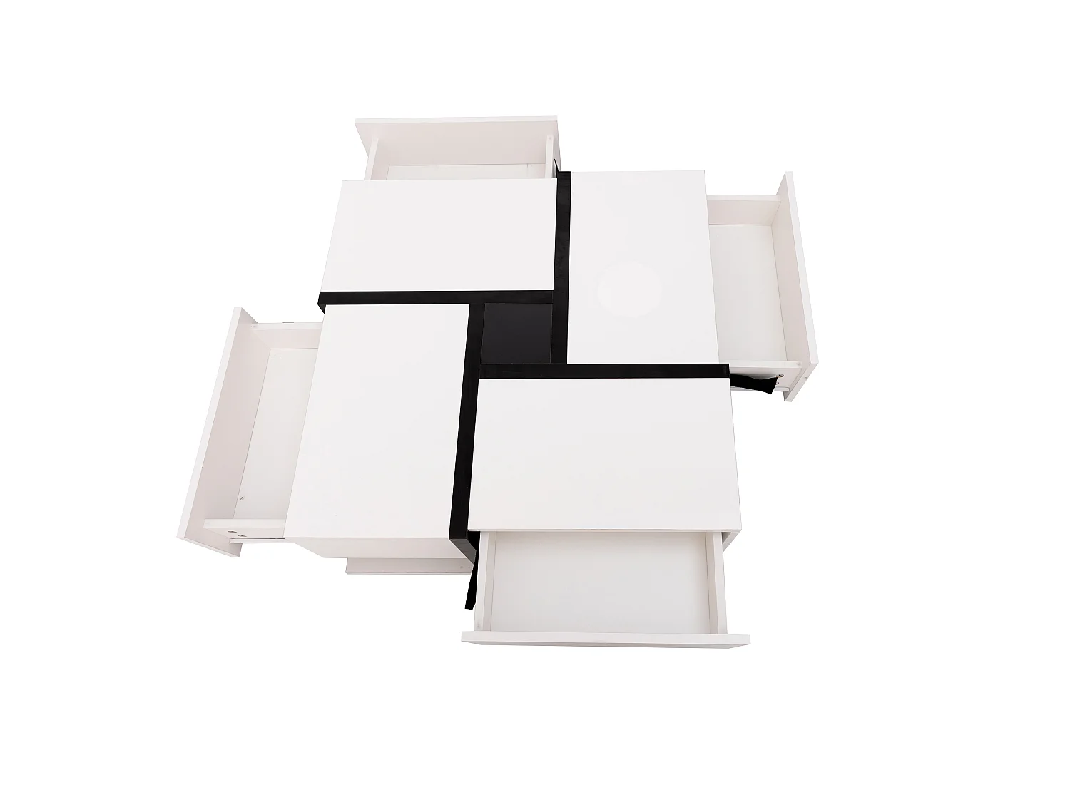 Table basse laquée brillante 78x78, 4 tiroirs, rangement sous plateau, design moderne