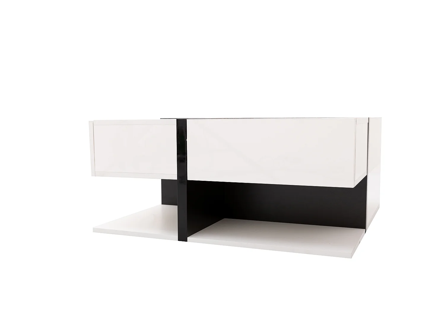 Table basse laquée brillante 78x78, 4 tiroirs, rangement sous plateau, design moderne