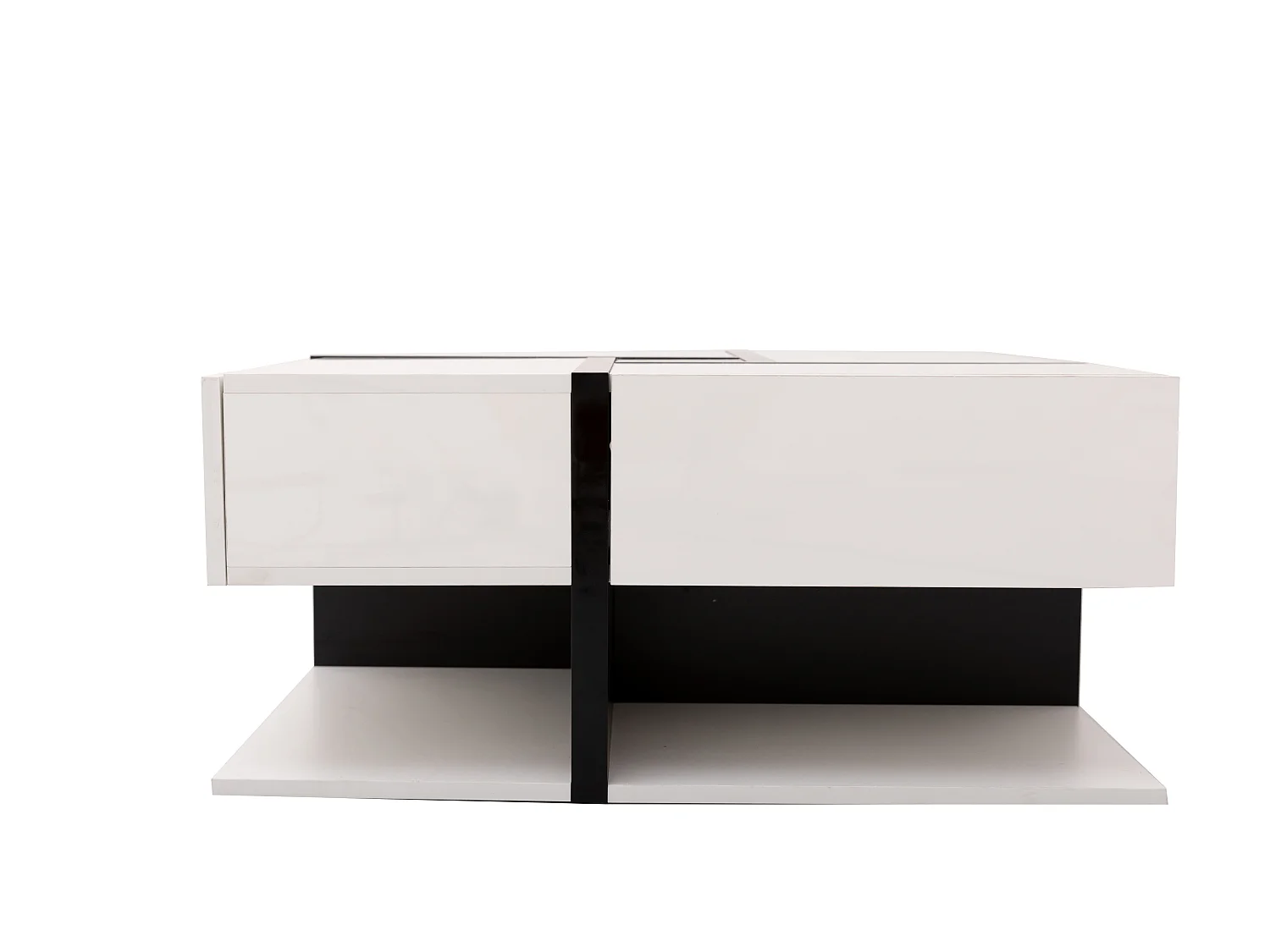 Table basse laquée brillante 78x78, 4 tiroirs, rangement sous plateau, design moderne