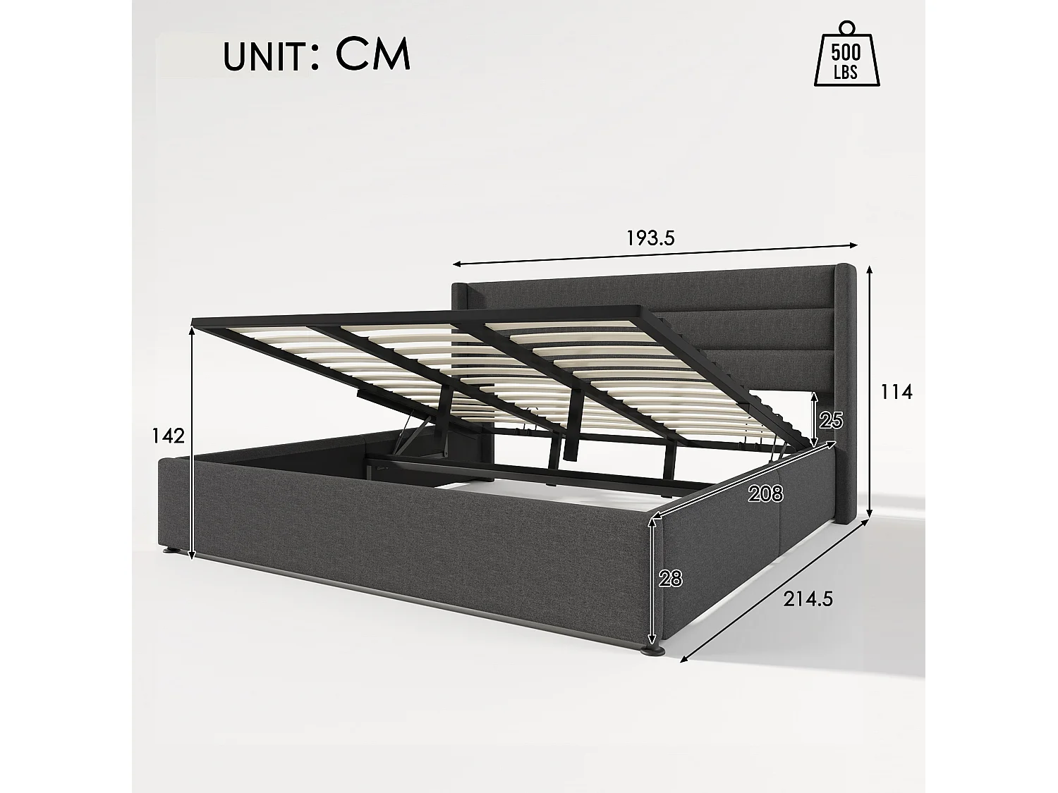 Lit coffre hydraulique 180x200, capitonné, sommier lattes bois, lin, gris