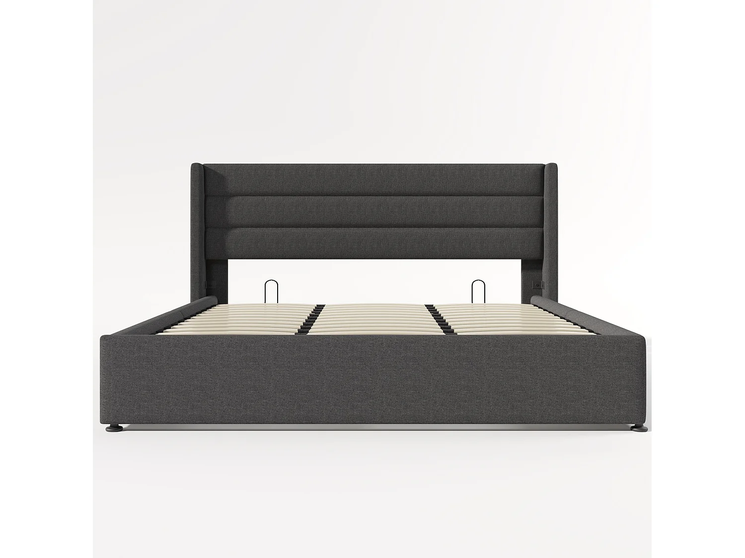 Lit coffre hydraulique 180x200, capitonné, sommier lattes bois, lin, gris
