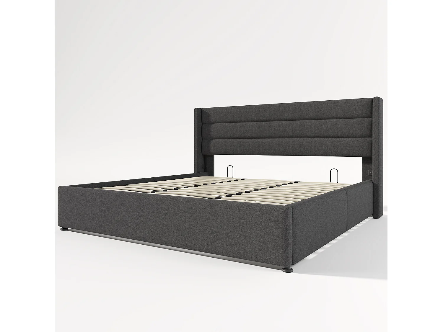 Lit coffre hydraulique 180x200, capitonné, sommier lattes bois, lin, gris