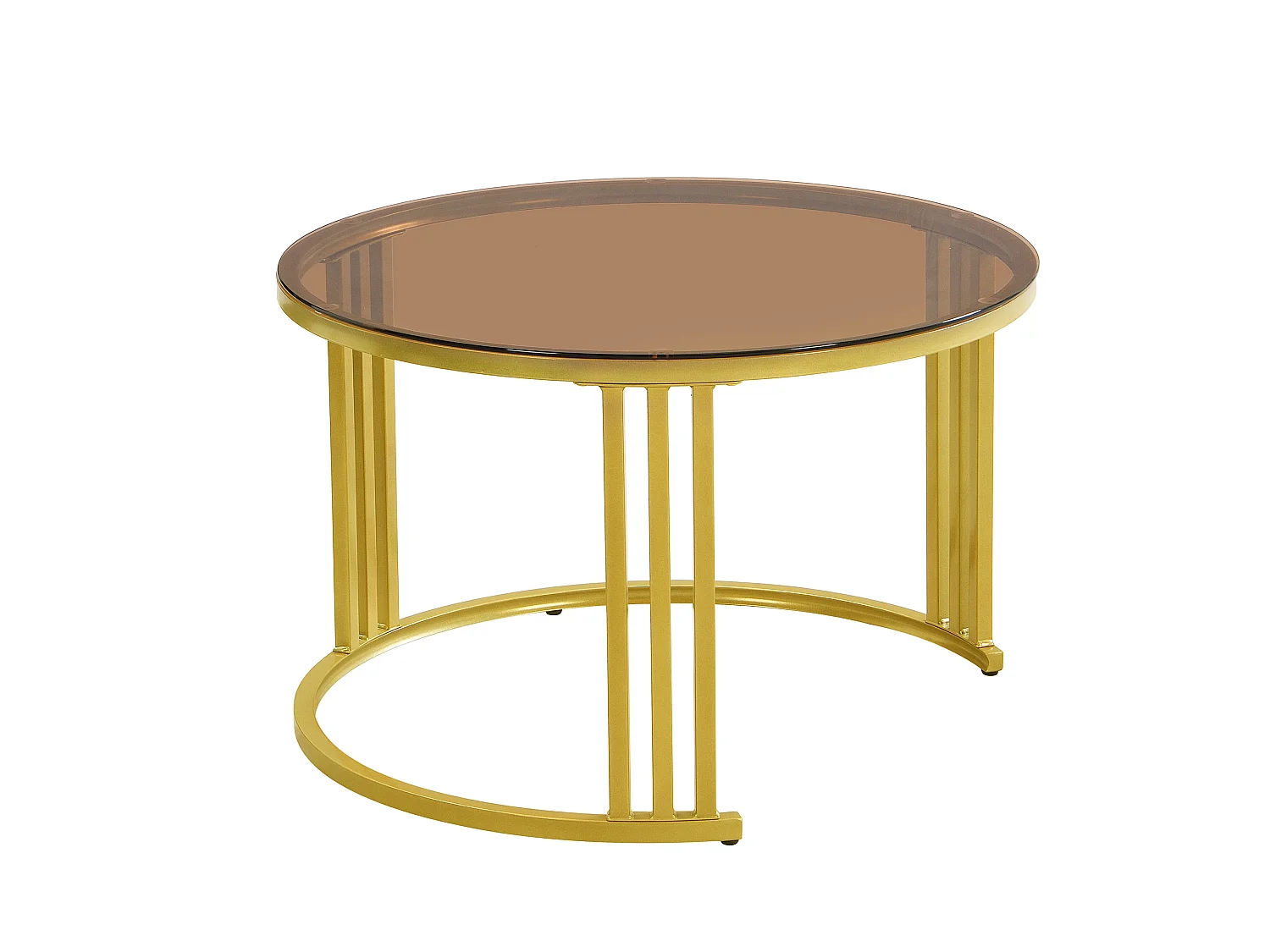 Tables basses gigognes, plateau verre brun + tiroirs blancs, piètement doré, 70/50 cm, salon