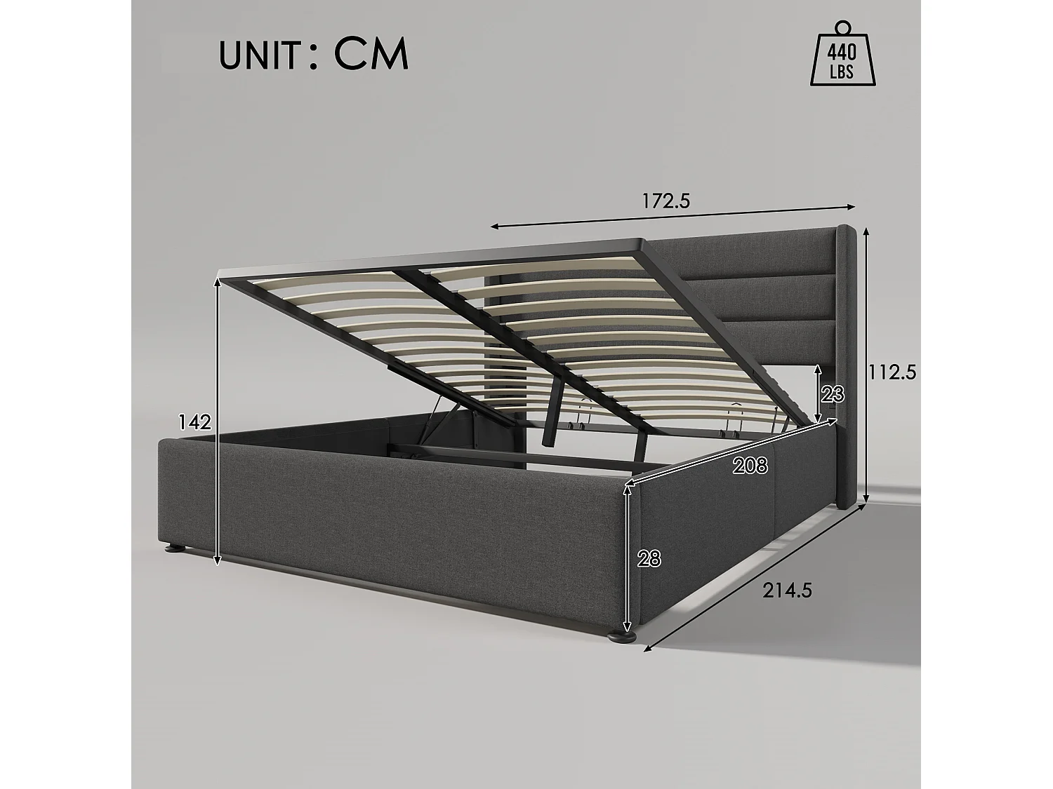 Lit coffre hydraulique 160x200, matelas inclus, rembourré, sommier lattes bois, lin, gris