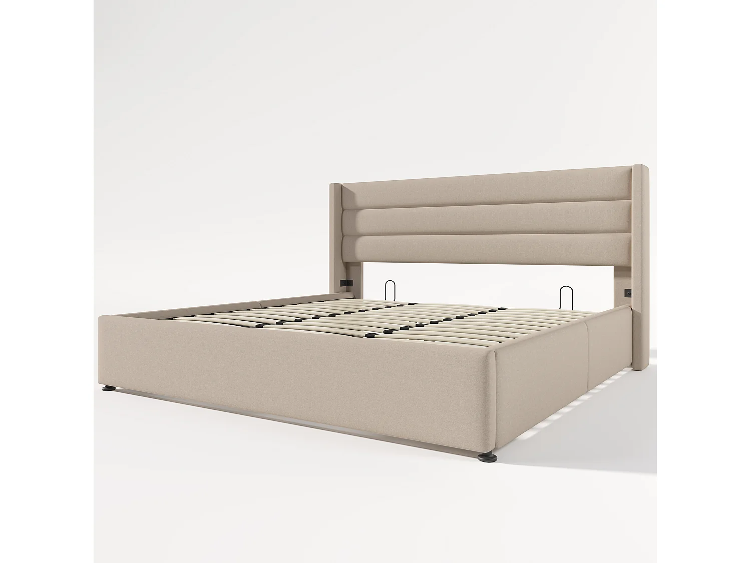 Lit coffre hydraulique 180x200, capitonné, sommier lattes bois, lin, beige