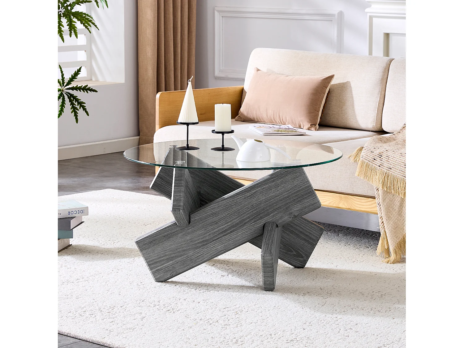 Table basse ronde en verre trempé, structure bois croisée grise, design géométrique moderne, 79 cm