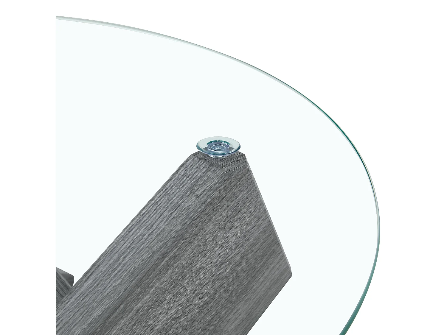 Table basse ronde en verre trempé, structure bois croisée grise, design géométrique moderne, 79 cm