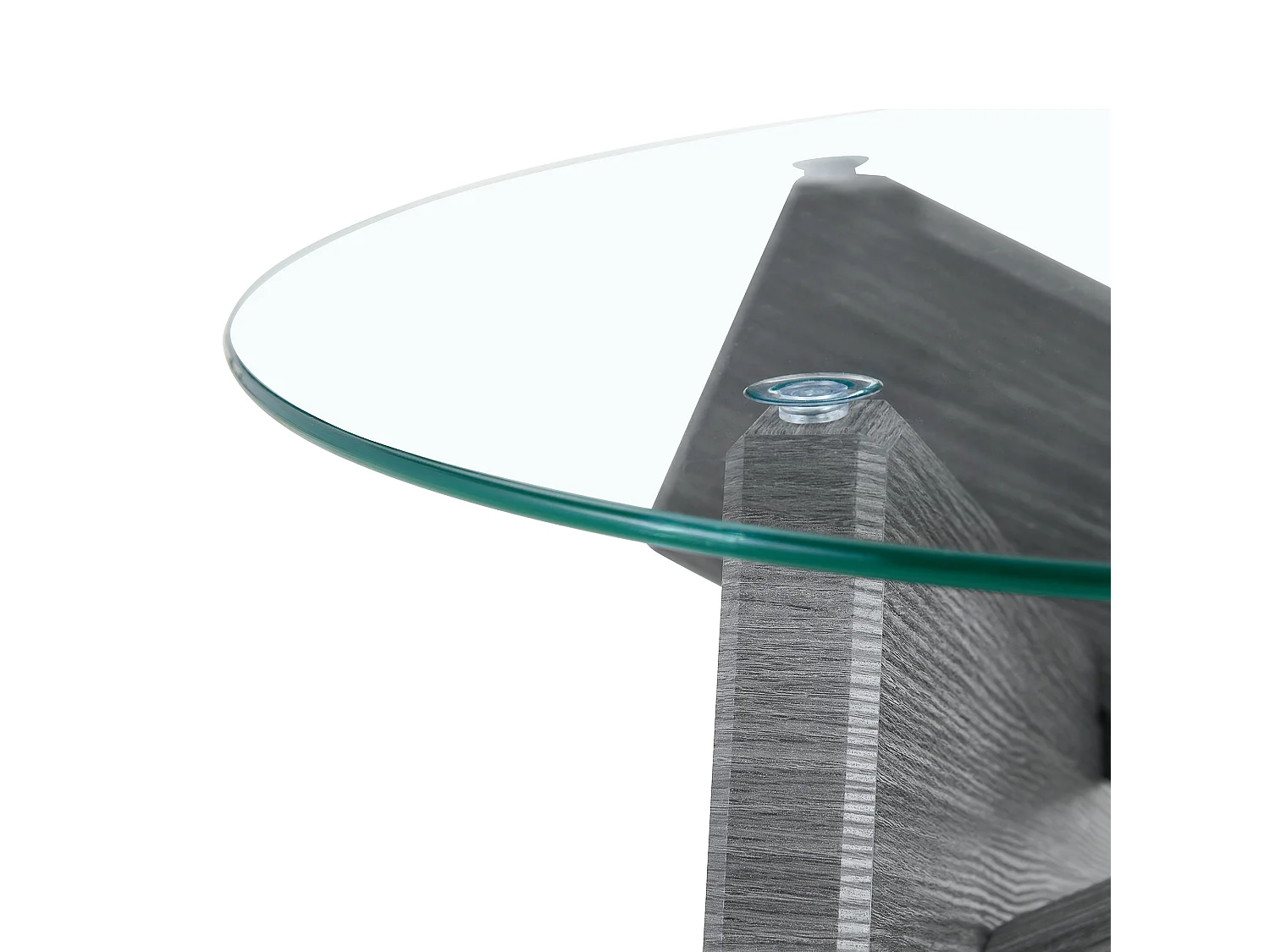 Table basse ronde en verre trempé, structure bois croisée grise, design géométrique moderne, 79 cm