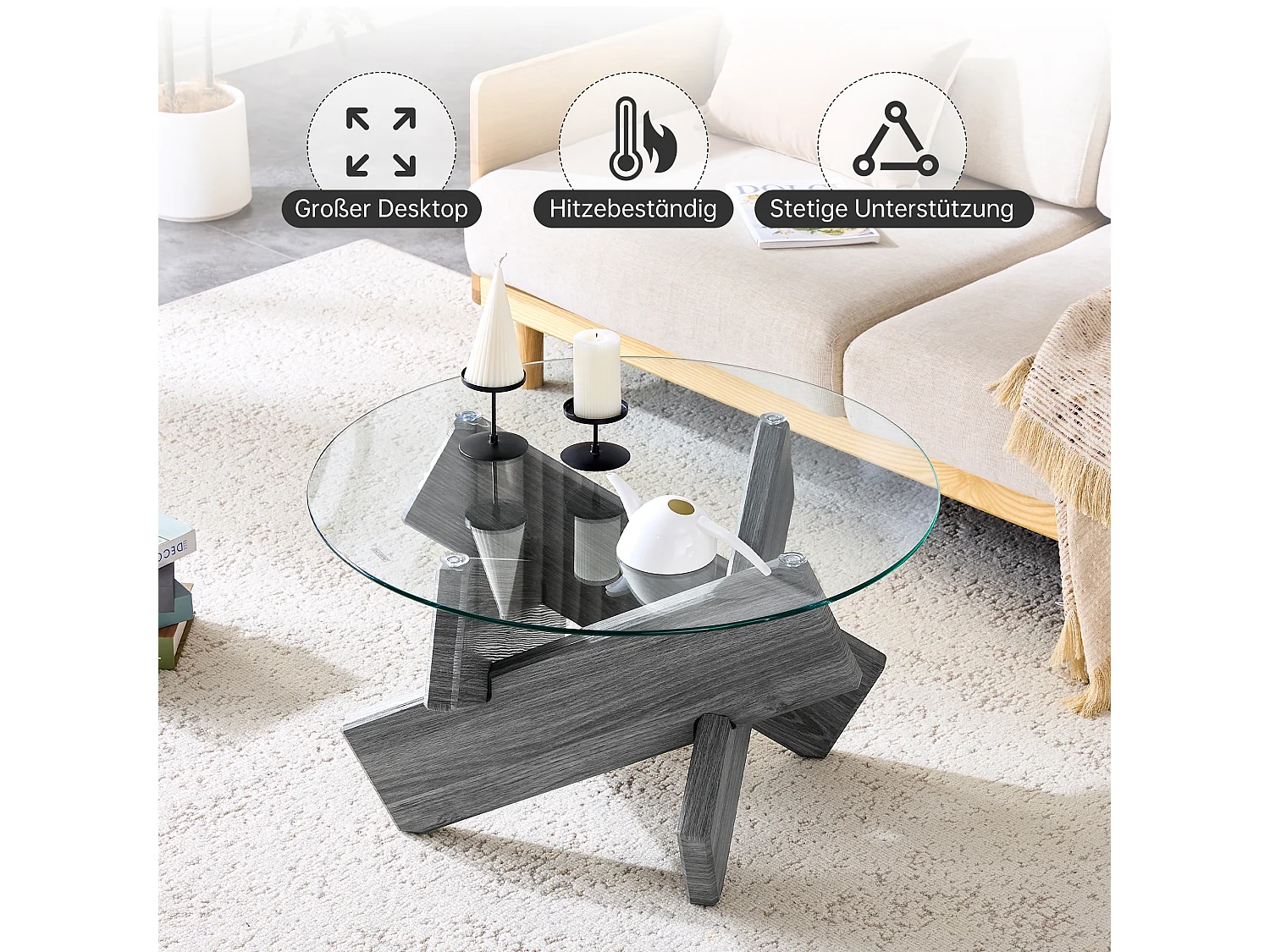Table basse ronde en verre trempé, structure bois croisée grise, design géométrique moderne, 79 cm