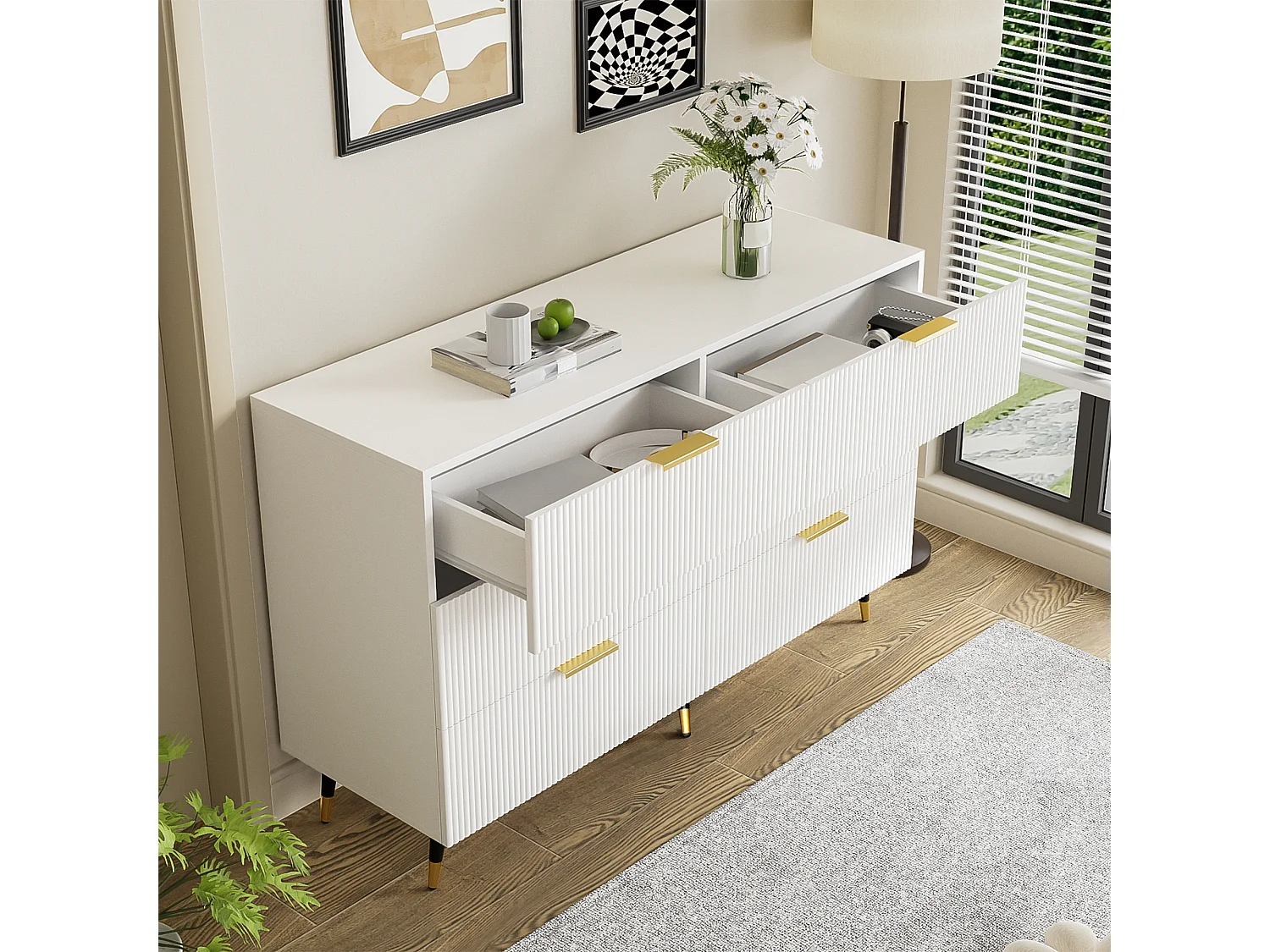 Commode blanche rainurée 6 tiroirs, pieds noirs et dorés, poignées dorées, design moderne