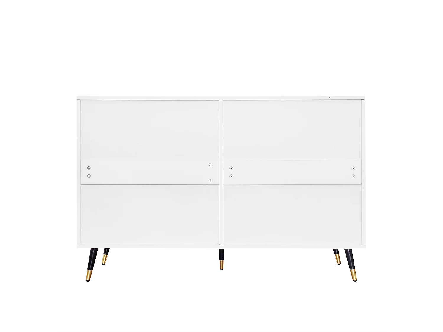 Commode blanche rainurée 6 tiroirs, pieds noirs et dorés, poignées dorées, design moderne