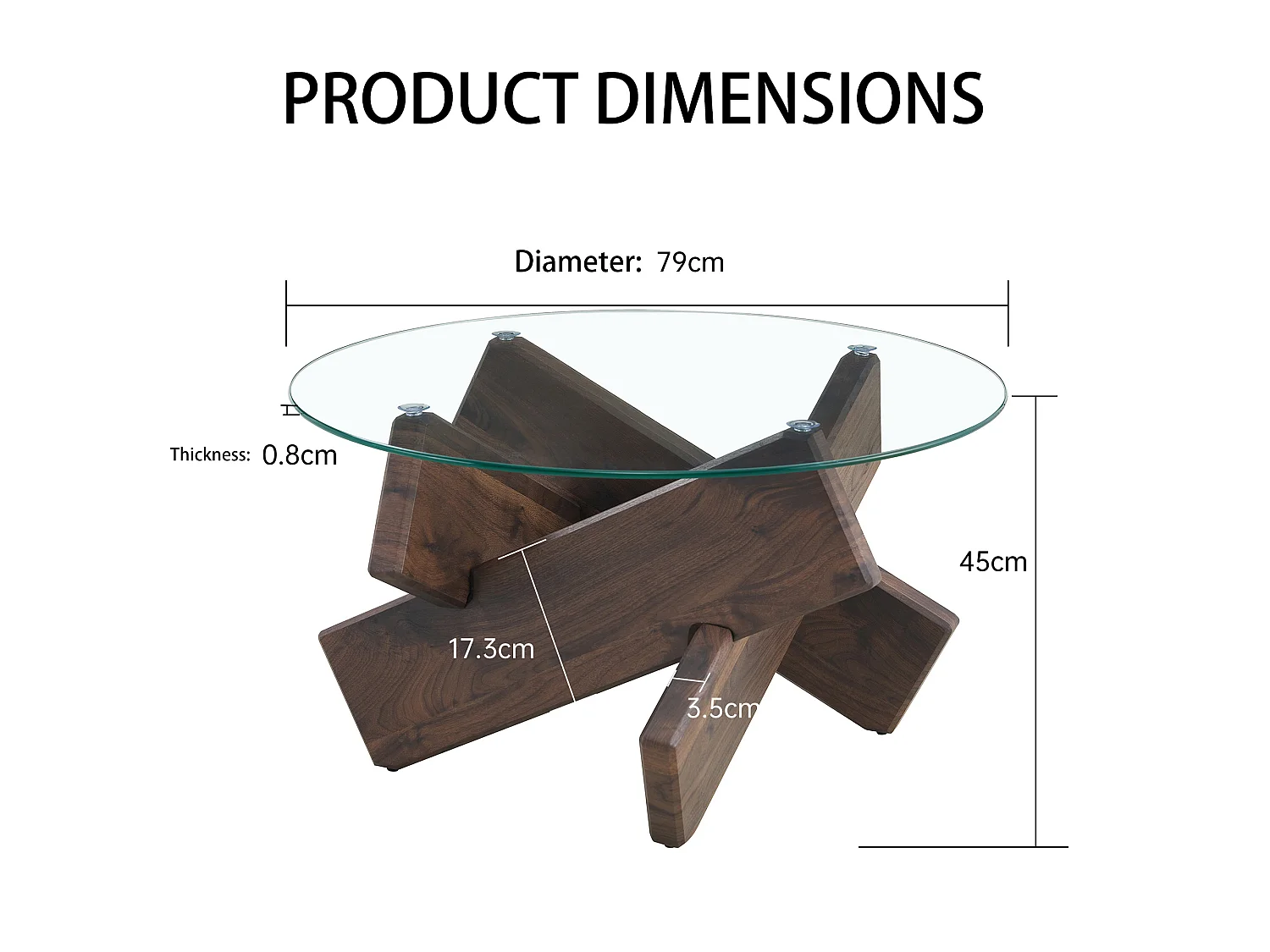 Table basse ronde en verre trempé, structure bois croisée foncée, design géométrique, 79 cm