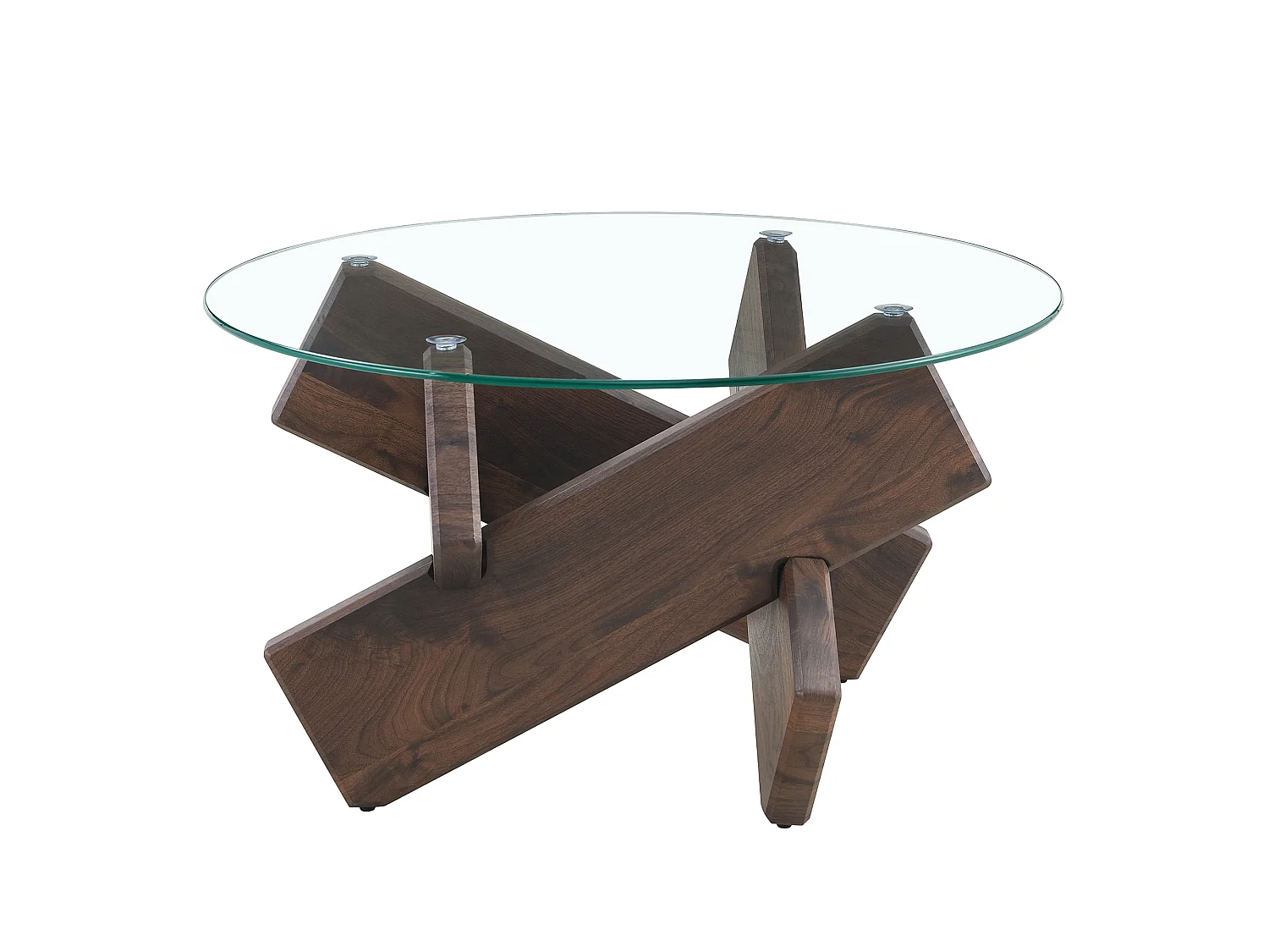 Table basse ronde en verre trempé, structure bois croisée foncée, design géométrique, 79 cm